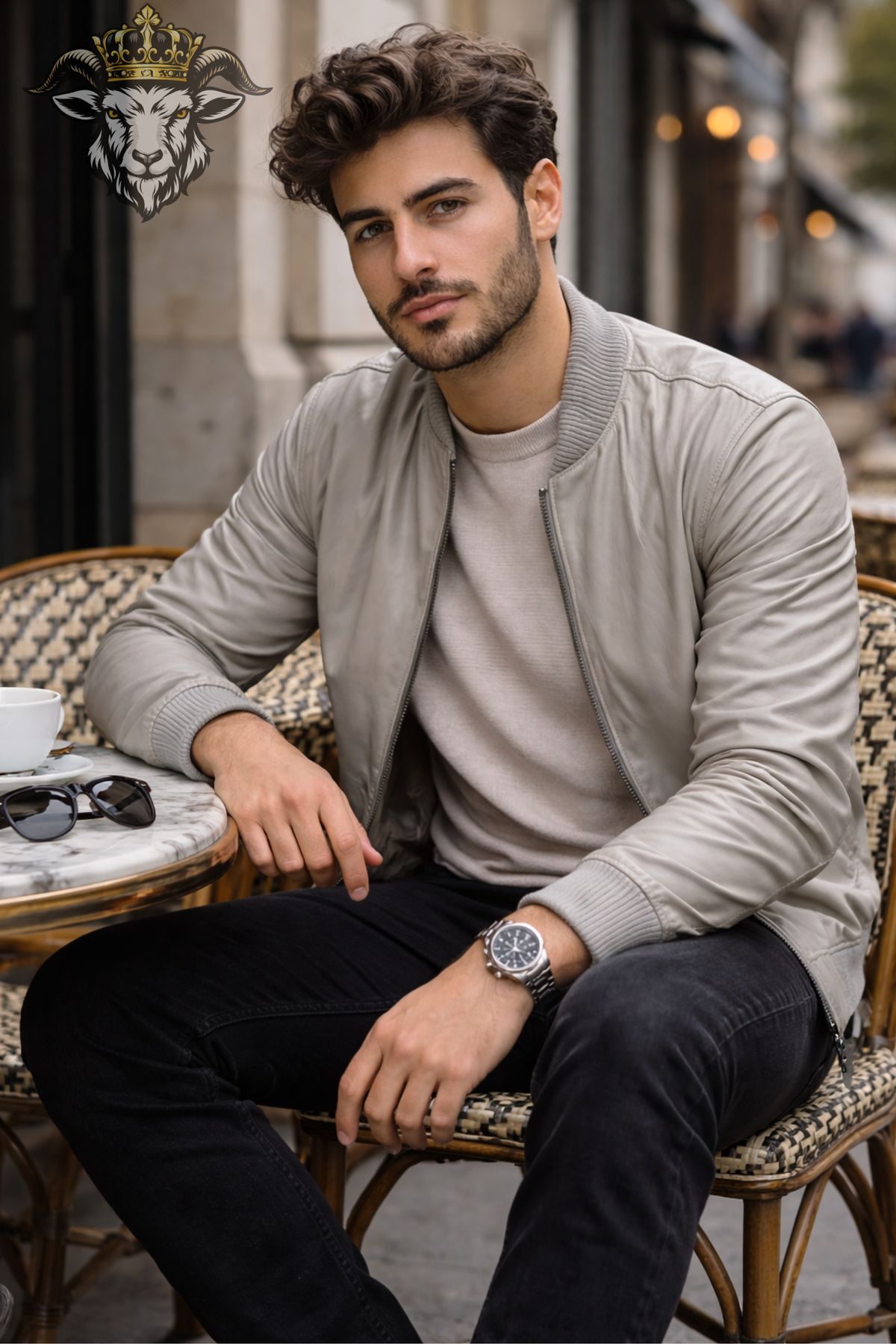 Men's Taupe Leather Bomber Jacket, Light Beige Zip Up Jacket, Ribbed Collar Minimalist Outerwear, Classic Casual Men's Jacket