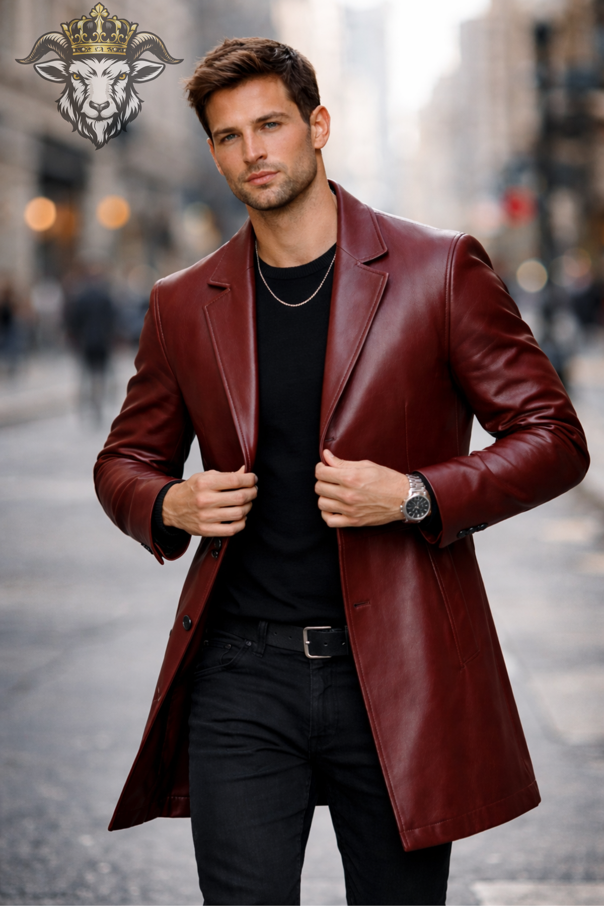 Men's Burgundy Real Leather Coat, Slim Fit Mid-Thigh Overcoat, 3 Button Lapel Jacket, Classic Winter Leather Outerwear