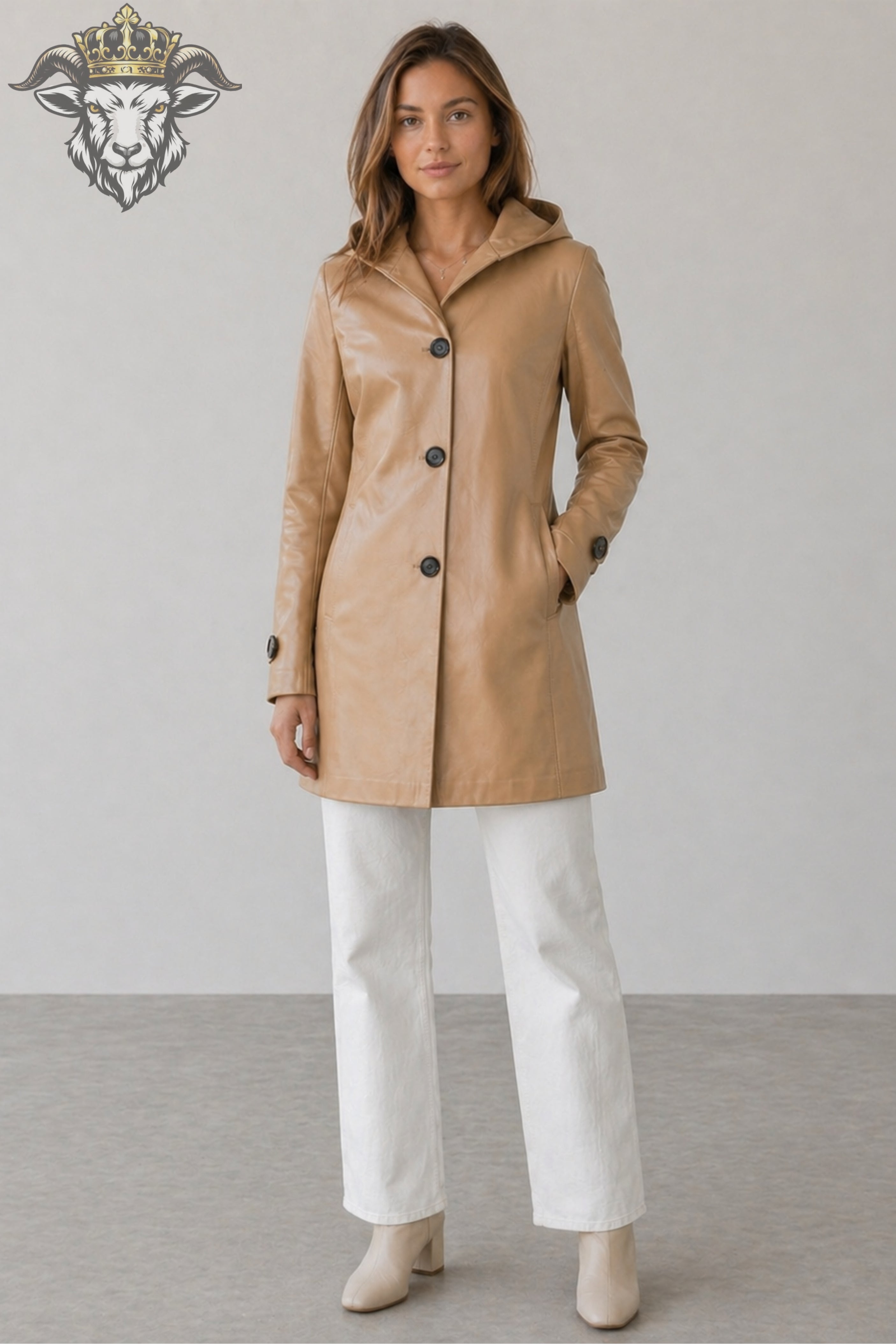 Women’s Tan Real Leather Hooded Coat