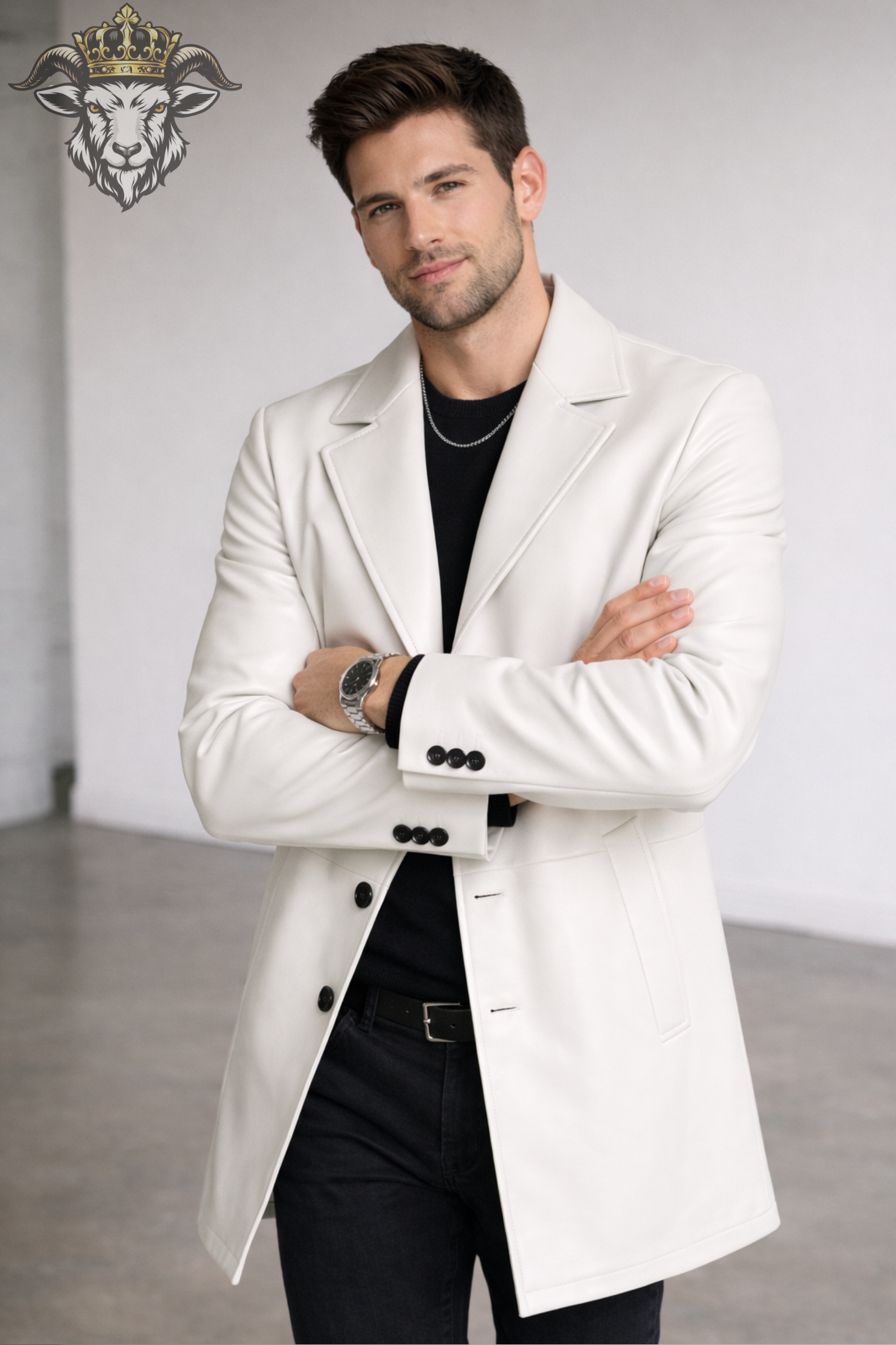 Men’s White Real Leather Coat – Mid-Thigh Length Premium Tailored Jacket with 3-Button Design, Modern Slim Fit Overcoat
