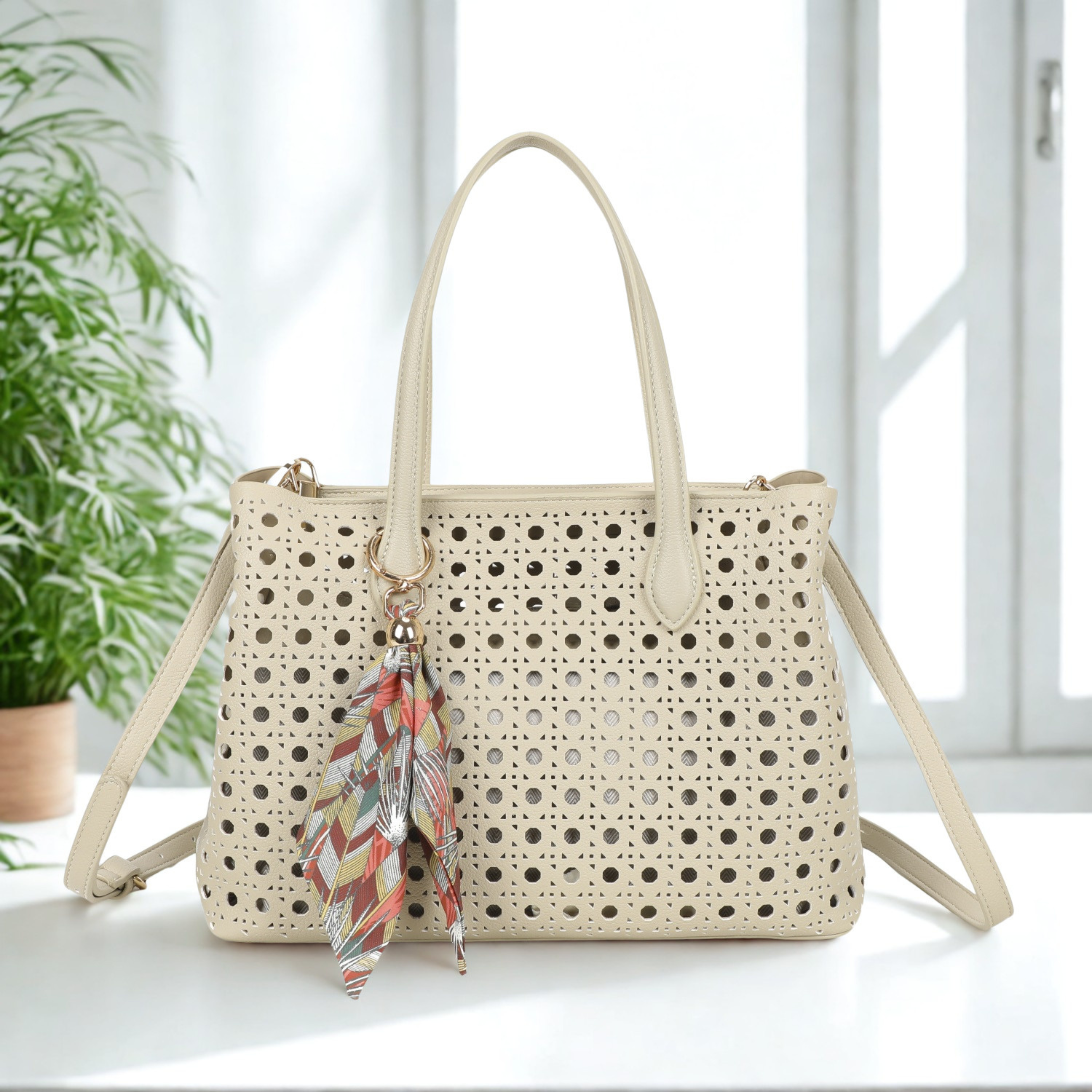 Women’s Laser Cut Tote Bag with Detachable Strap & Scarf Charm