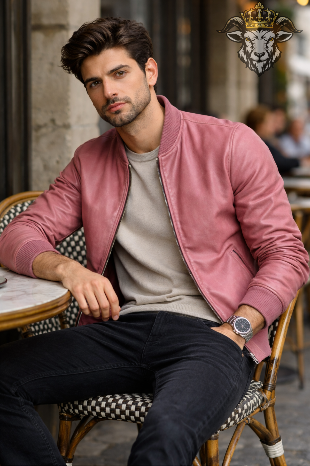 Men’s Pink Leather Bomber Jacket, Slim Fit Ribbed Collar Zip Jacket, Modern Streetwear Outerwear, Casual Fashion Jacket for Men