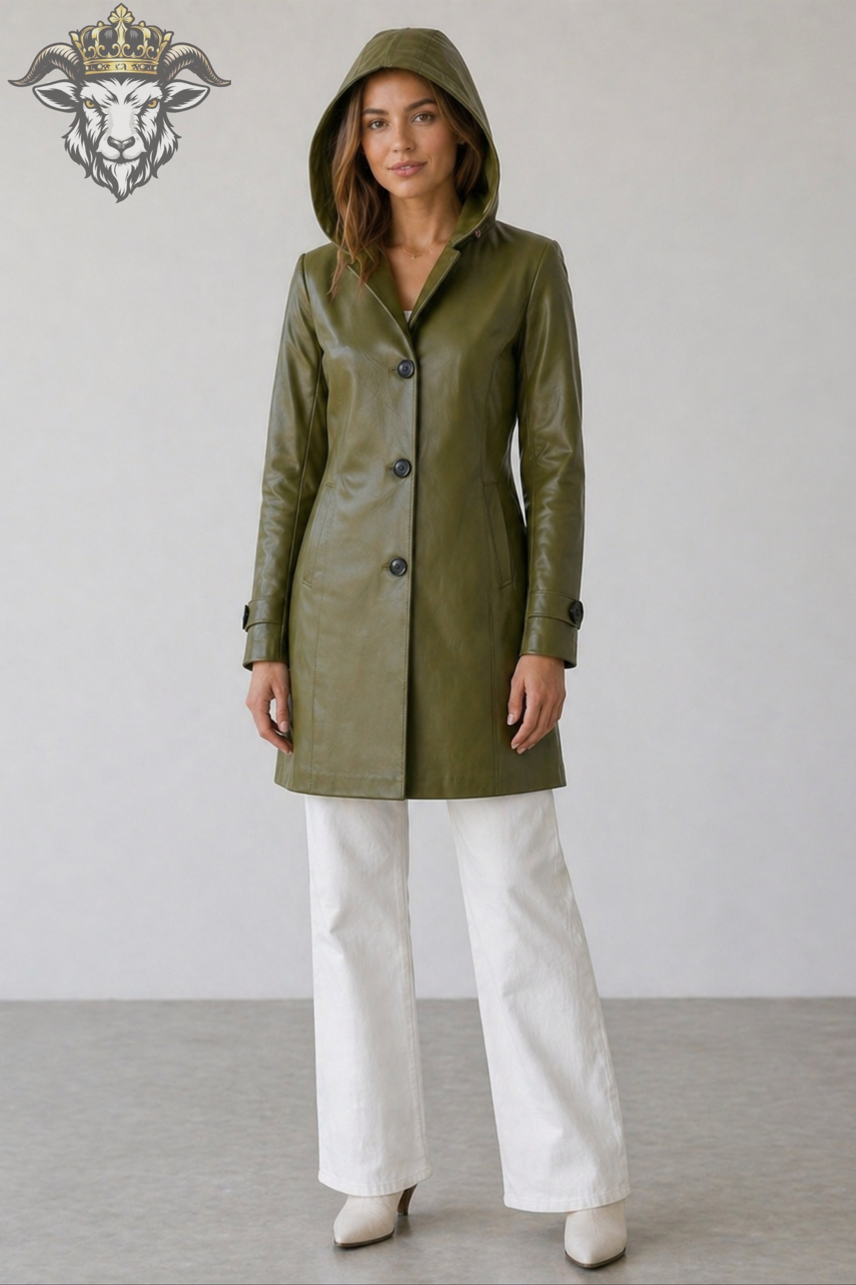 Women’s Olive Green Real Leather Hooded Coat