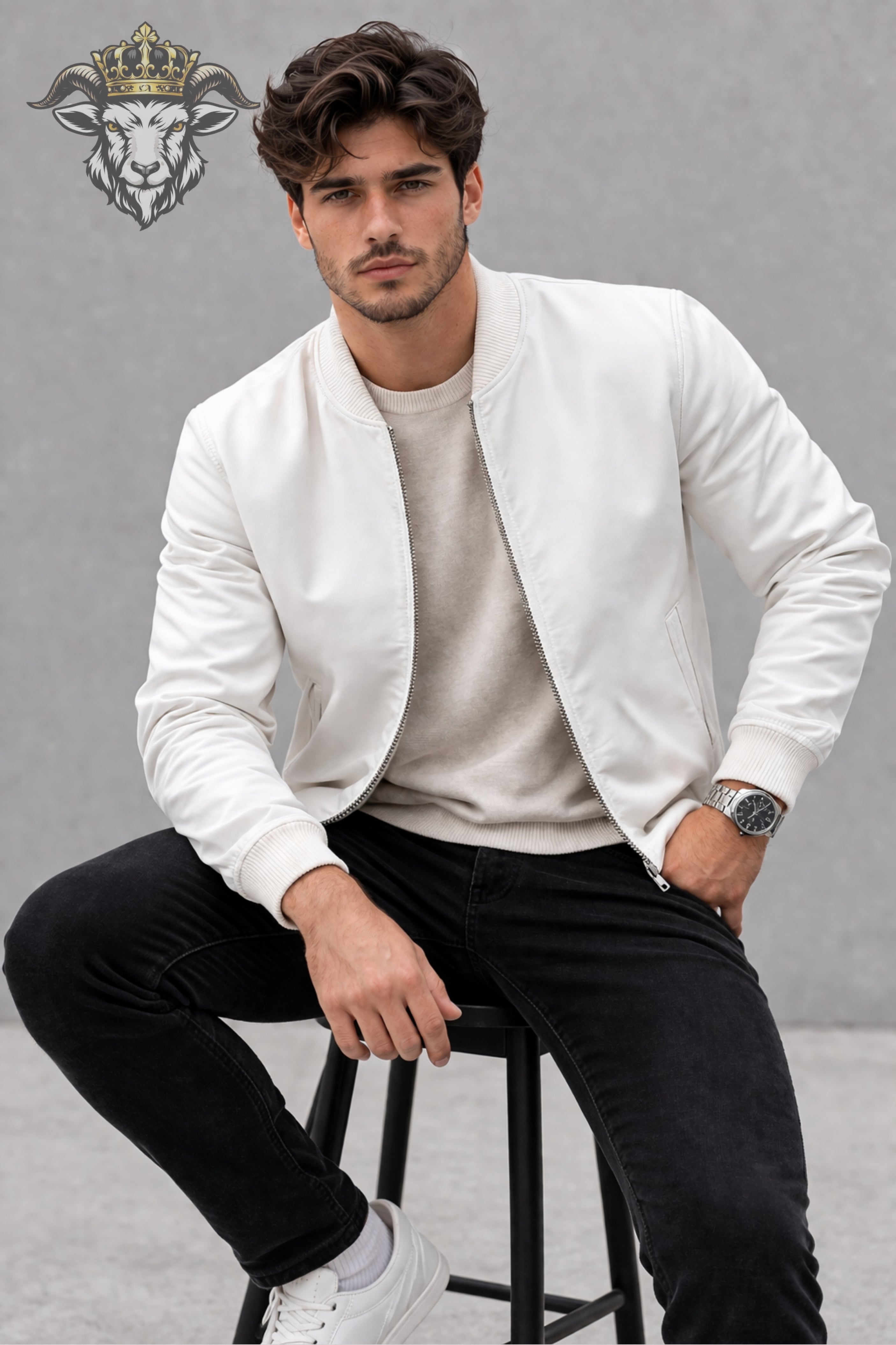 Men’s White Leather Bomber Jacket