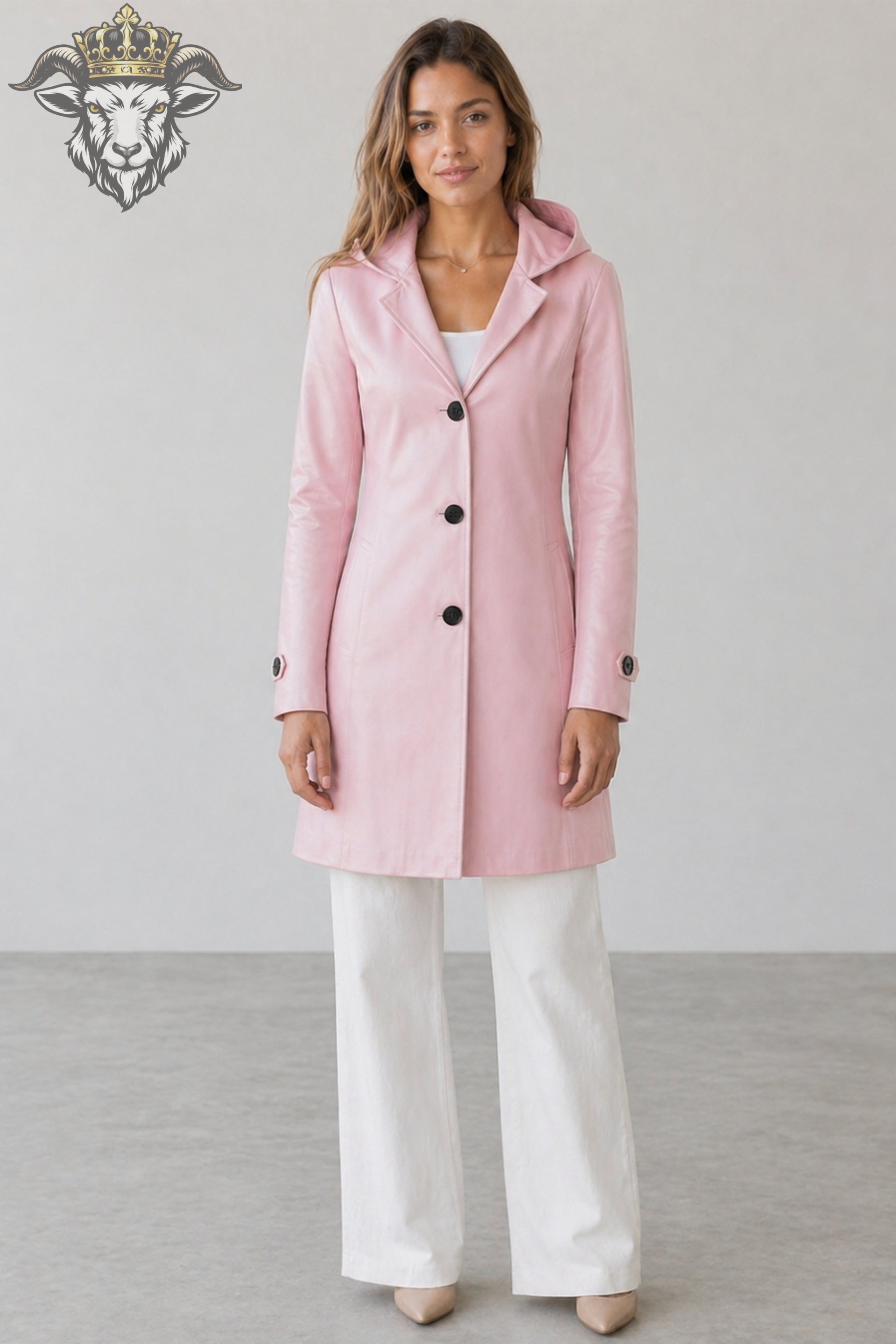 Women’s Baby Pink Real Leather Hooded Coat