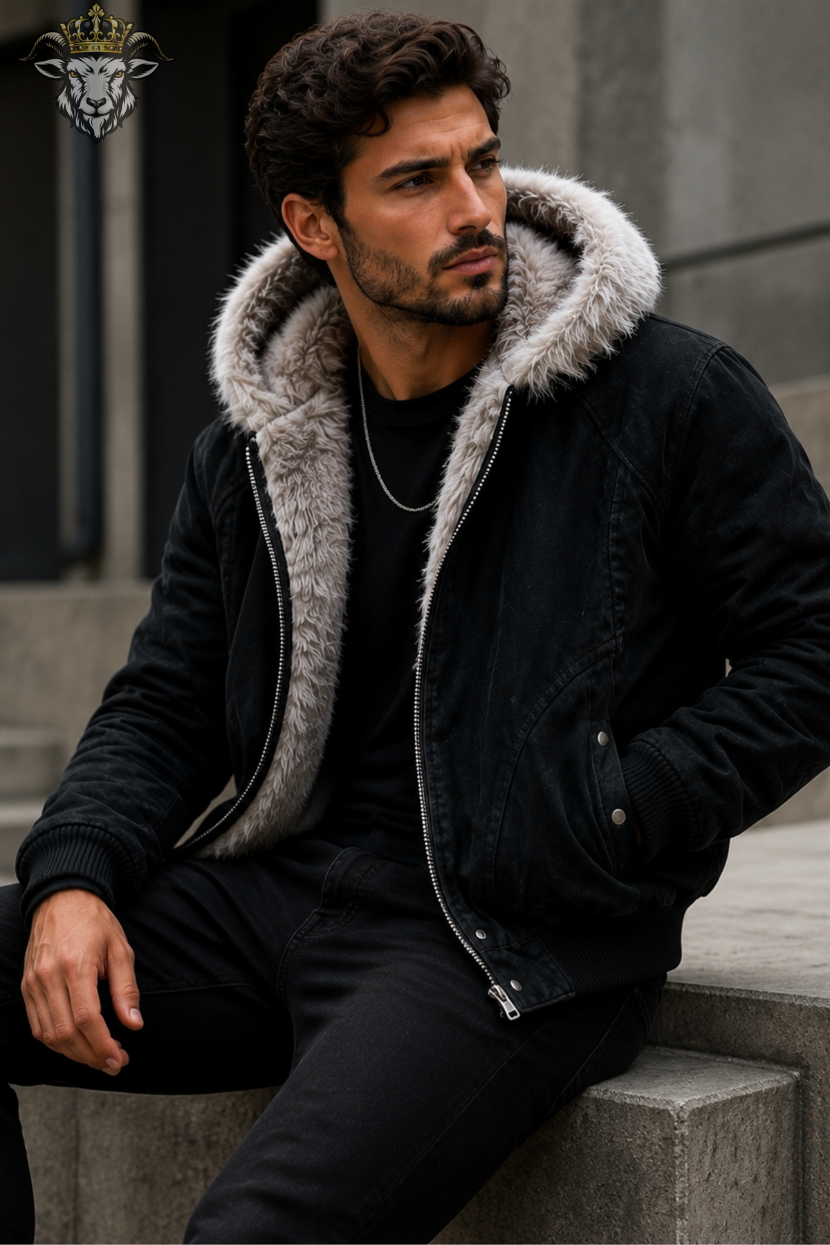 **Men's Black Faux Fur Hooded Bomber Jacket, Leather-Style Winter Jacket, Warm Fur Lined Coat, Urban Streetwear Jacket**