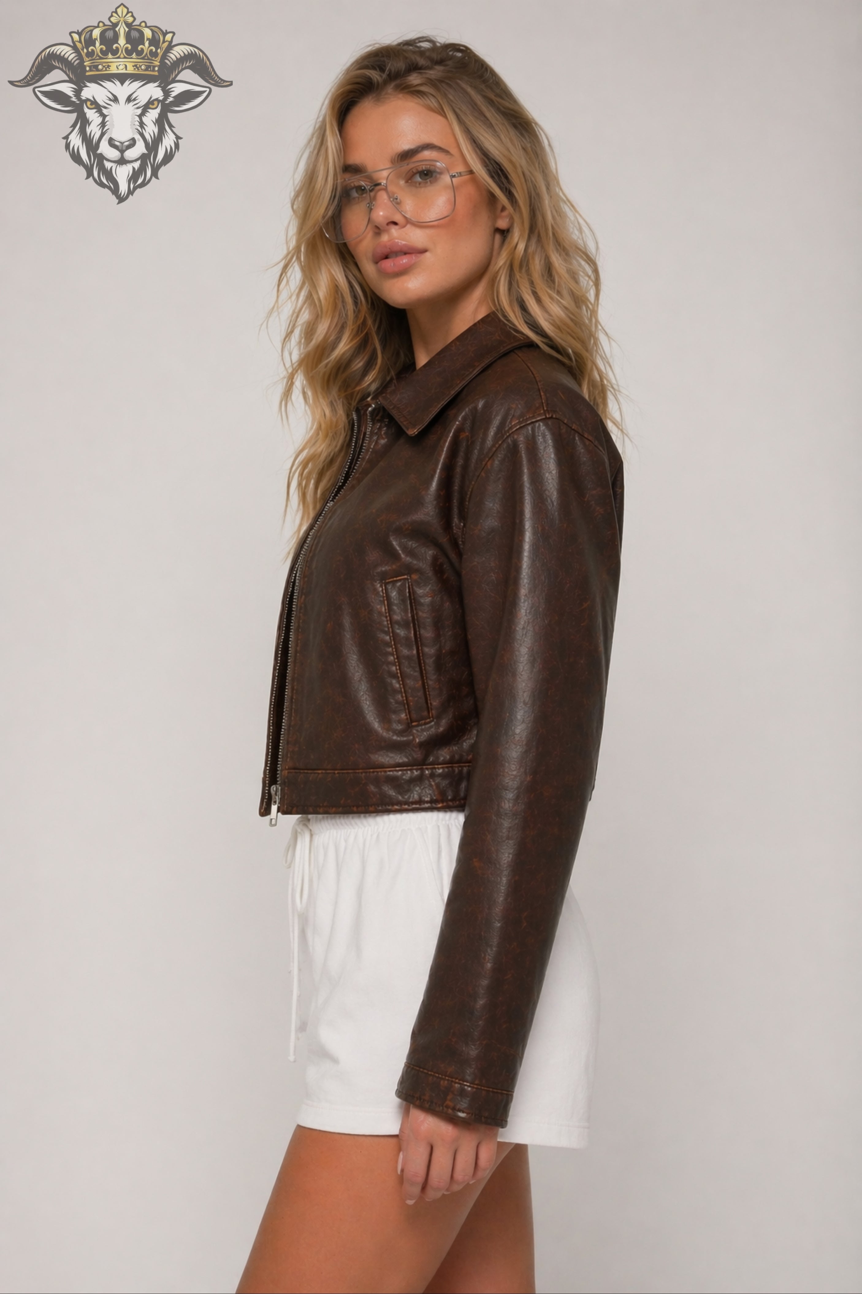 Women’s Distress Brown Real Leather Cropped Jacket
