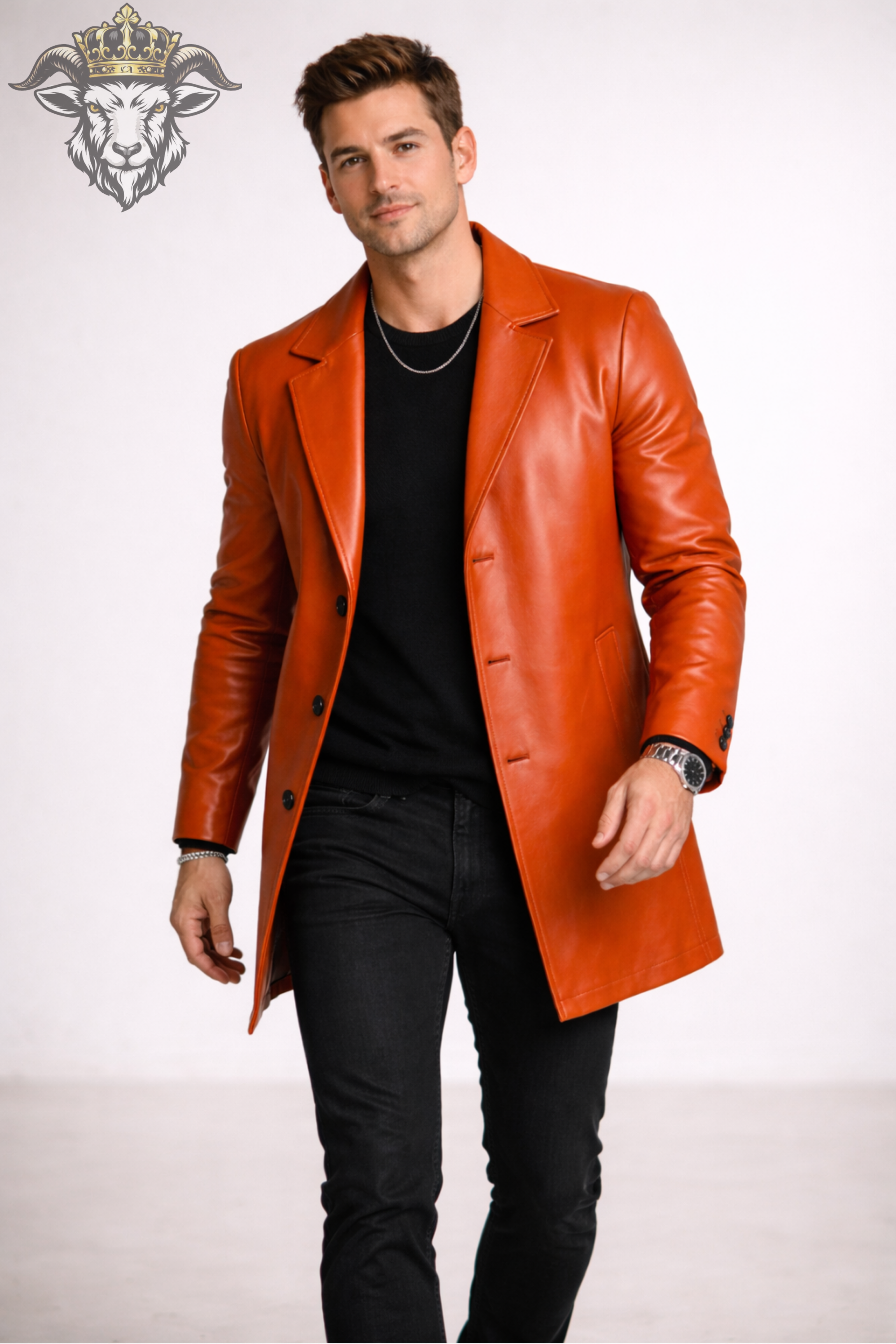 Men’s Orange Real Leather Coat – Mid-Thigh Premium Tailored Overcoat with Matte Finish | Modern Slim Fit Designer Jacket