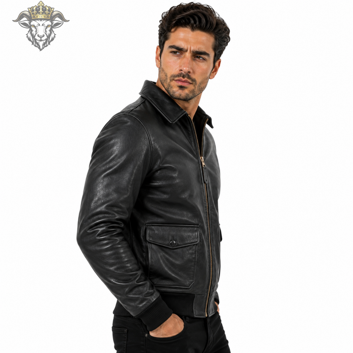 Men’s Black Genuine Leather Aviator Bomber Jacket, Classic Zip Front Leather Jacket, Ribbed Cuff Motorcycle Coat, Premium Mens Outerwear