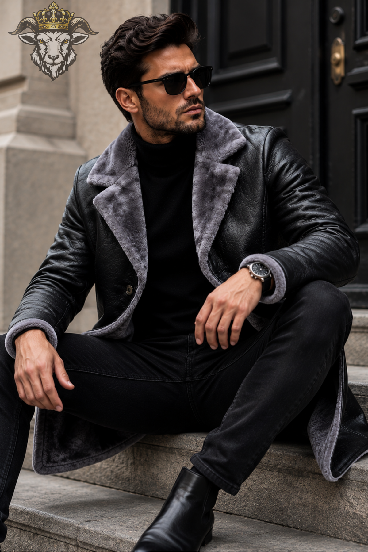 Men’s Black Shearling Leather Coat, Grey Fur Collar Winter Overcoat, Long Leather Jacket, Luxury Biker Trench Coat, Classic Mens Outerwear