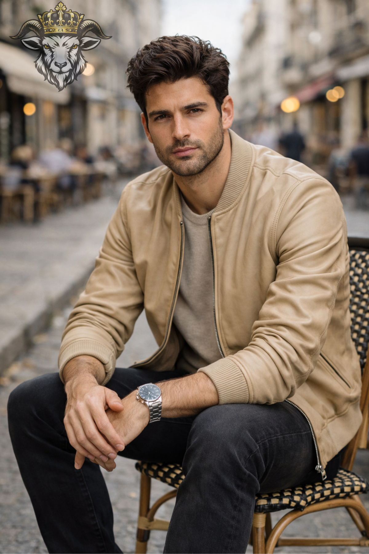 Beige Leather Bomber Jacket for Men, Slim Fit Neutral Jacket, Ribbed Collar Zip Up Outerwear, Minimalist Casual Streetwear
