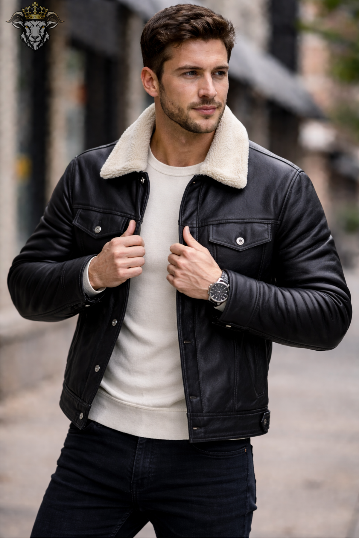 Men’s Black Sheepskin Leather Jacket, Shearling Collar Trucker Jacket, Real Leather Winter Coat, Button Front Biker Style Jacket