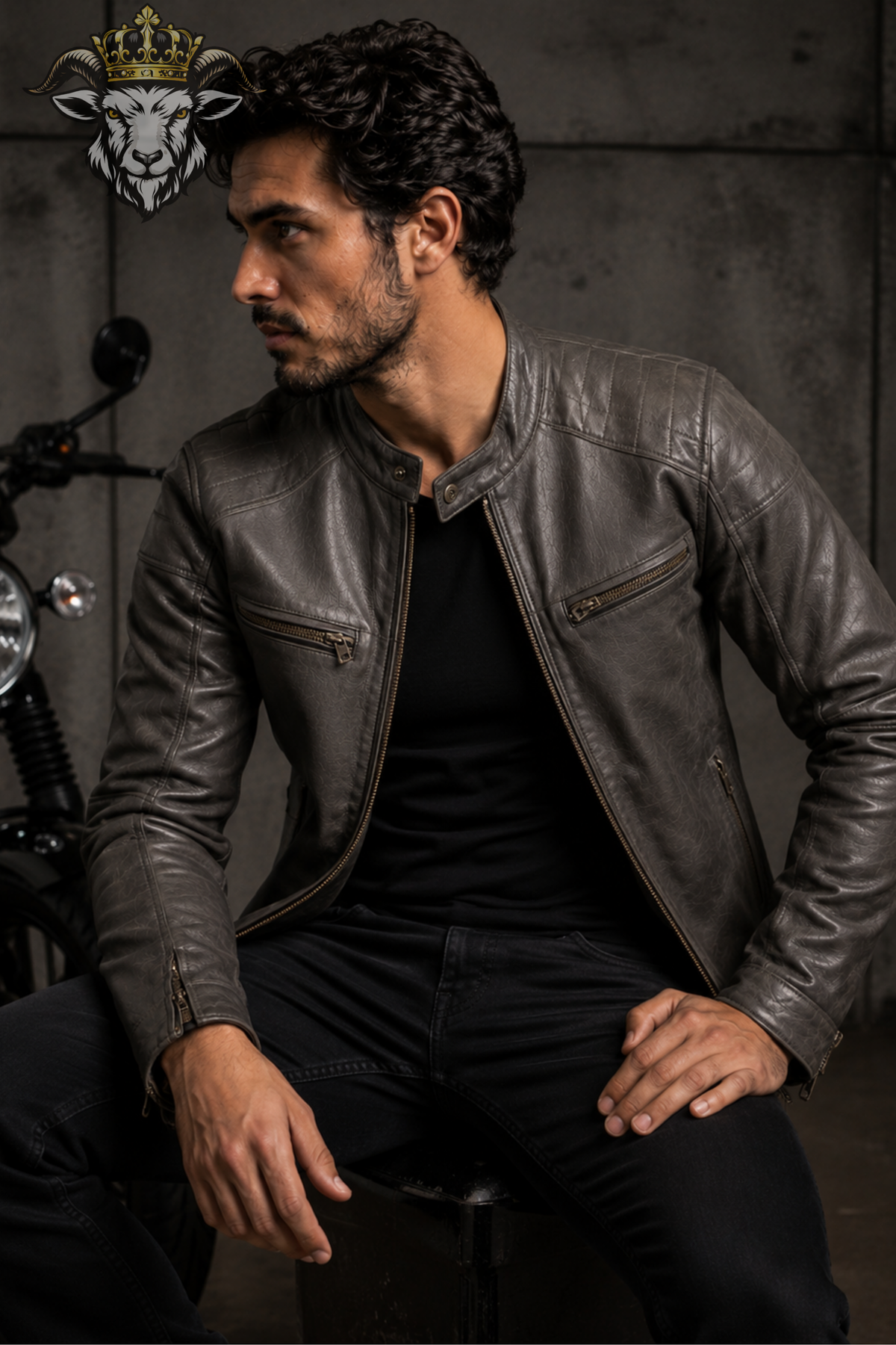 Men's Gray Real Leather Biker Jacket, Slim Fit Motorcycle Jacket, Cafe Racer Leather Jacket, Mandarin Collar Moto Coat