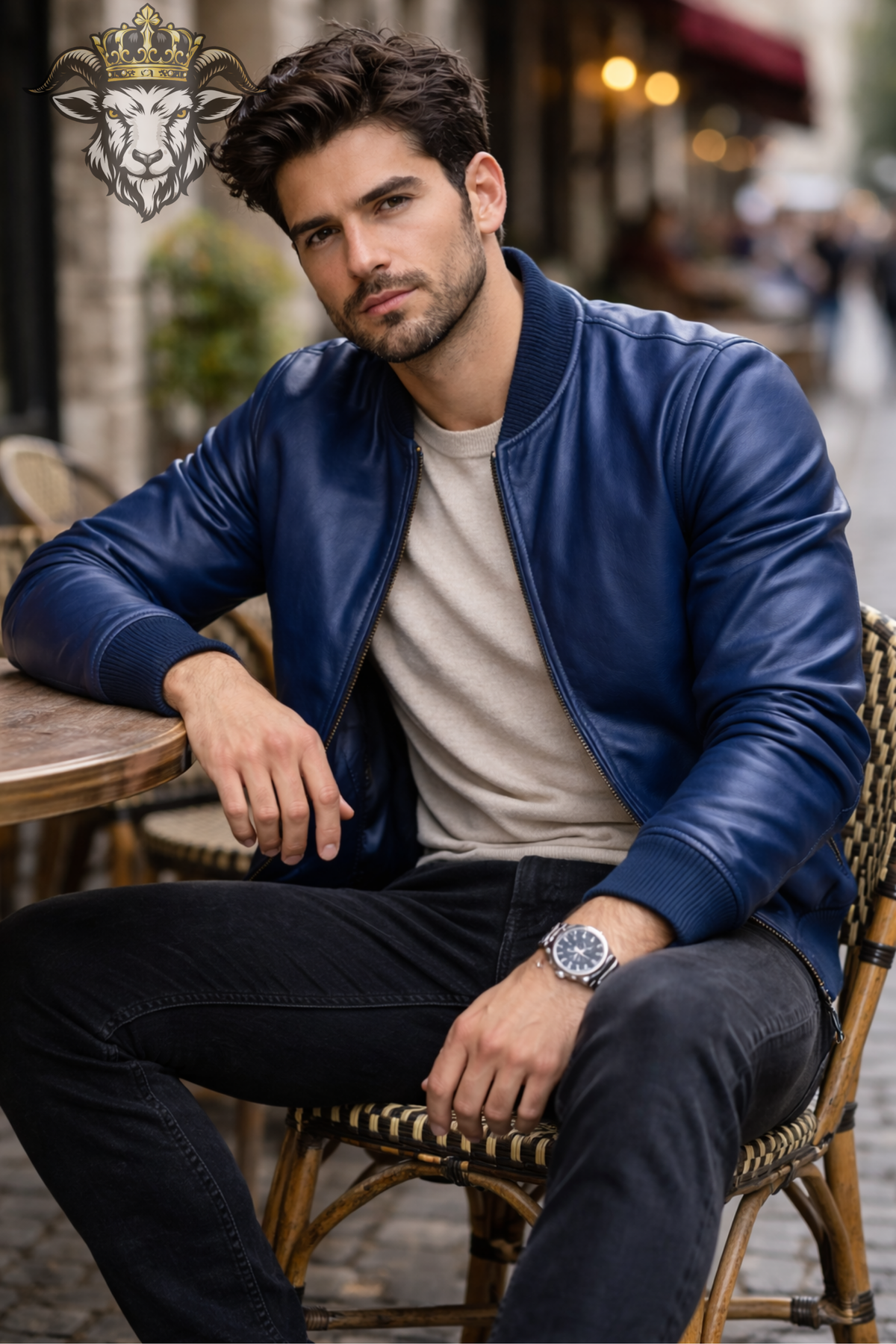 Men's Navy Blue Leather Bomber Jacket, Ribbed Collar Zip Up Jacket, Classic Flight Style Outerwear, Modern Casual Men's Fashion