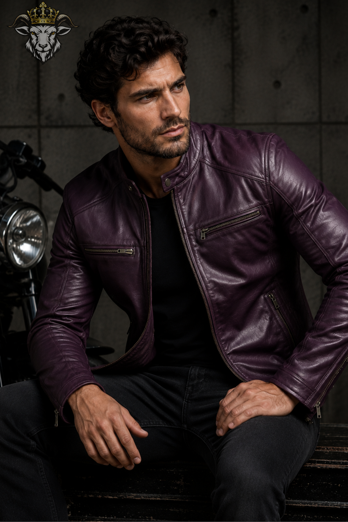 Men's Purple Real Leather Biker Jacket, Slim Fit Motorcycle Jacket, Mandarin Collar Moto Jacket, Men's Purple Leather Coat