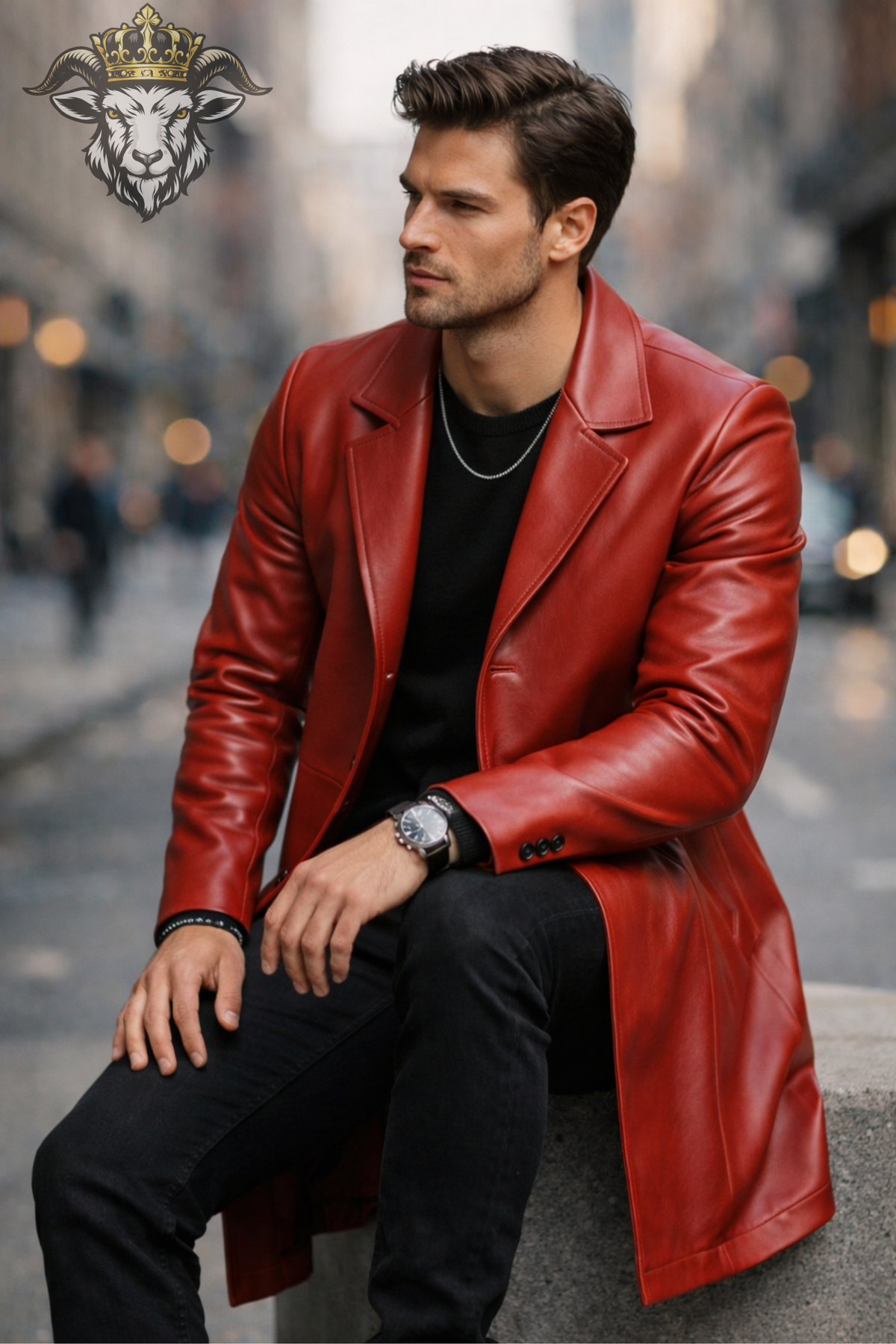 Men's Red Real Leather Coat, Mid-Thigh 3 Button Leather Overcoat, Slim Tailored Lapel Jacket, Modern Men's Winter Outerwear