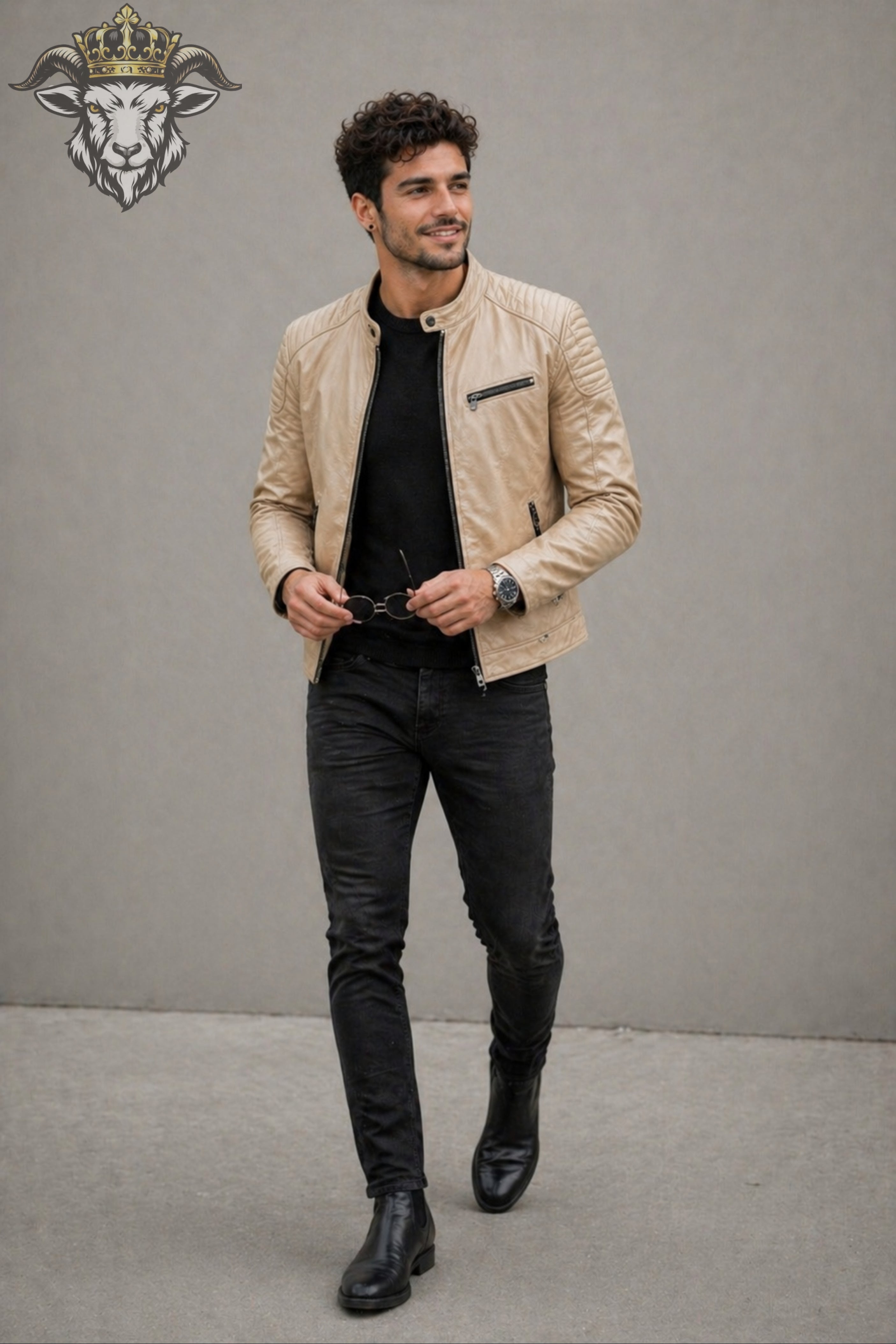 Men’s Beige Real Leather Roadster Jacket
