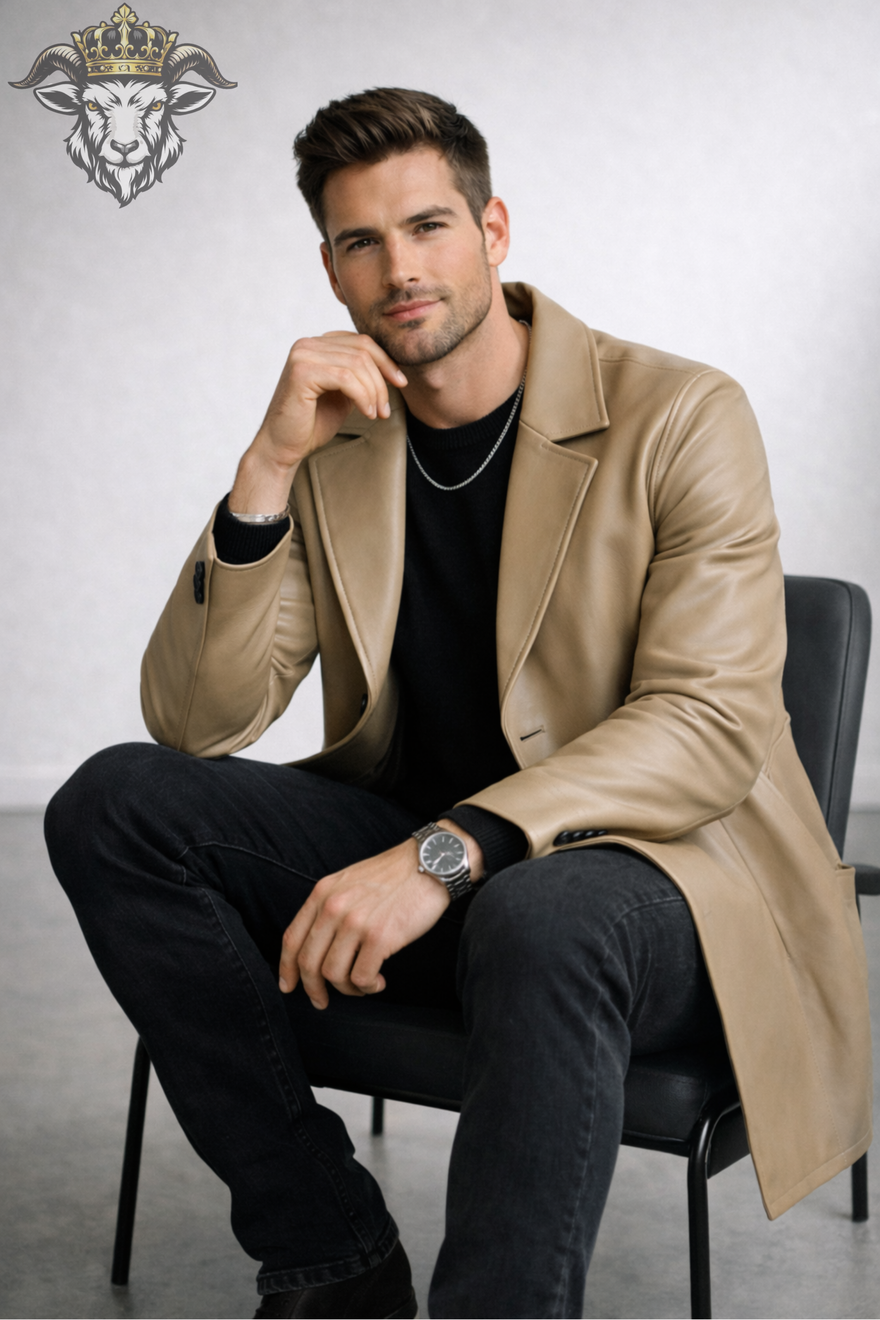 Men’s Real Leather Coat – Premium Beige Mid-Length Leather Jacket with Classic Lapel, Tailored Fit Winter Overcoat for Men