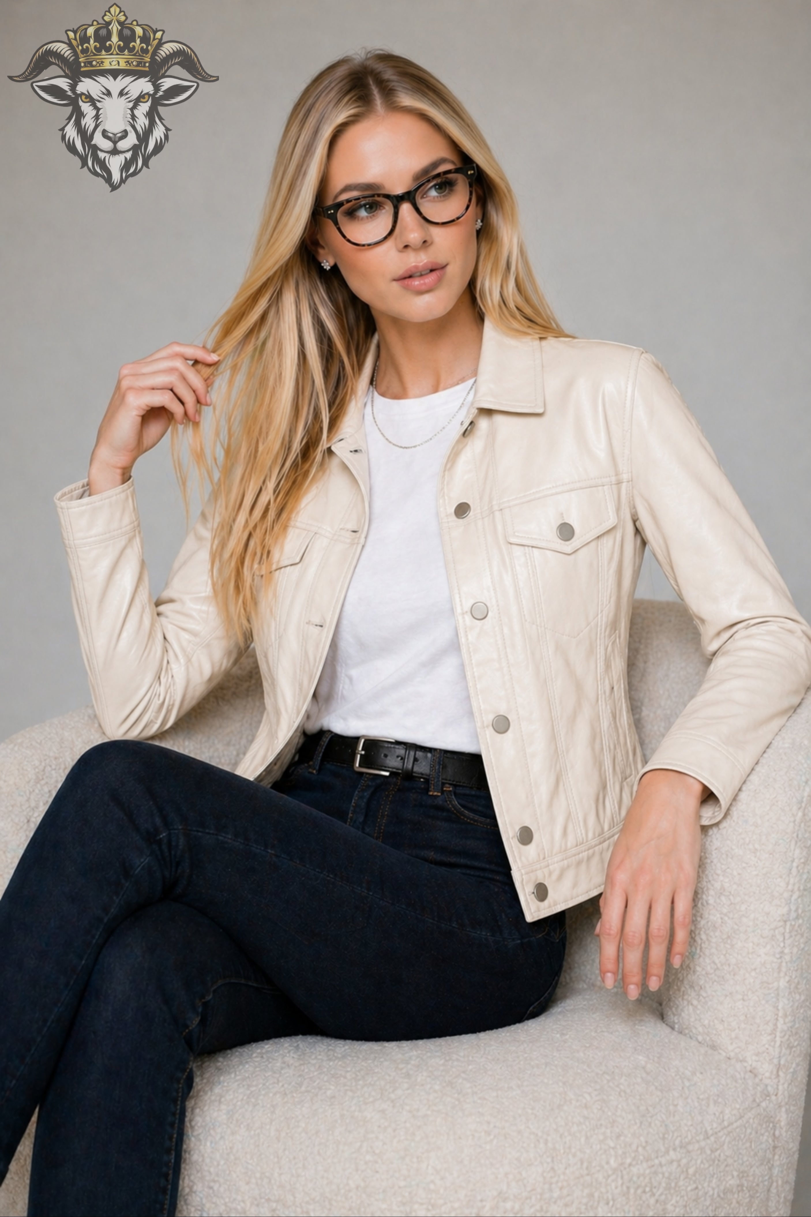 Women’s Cream Real Leather Trucker Jacket