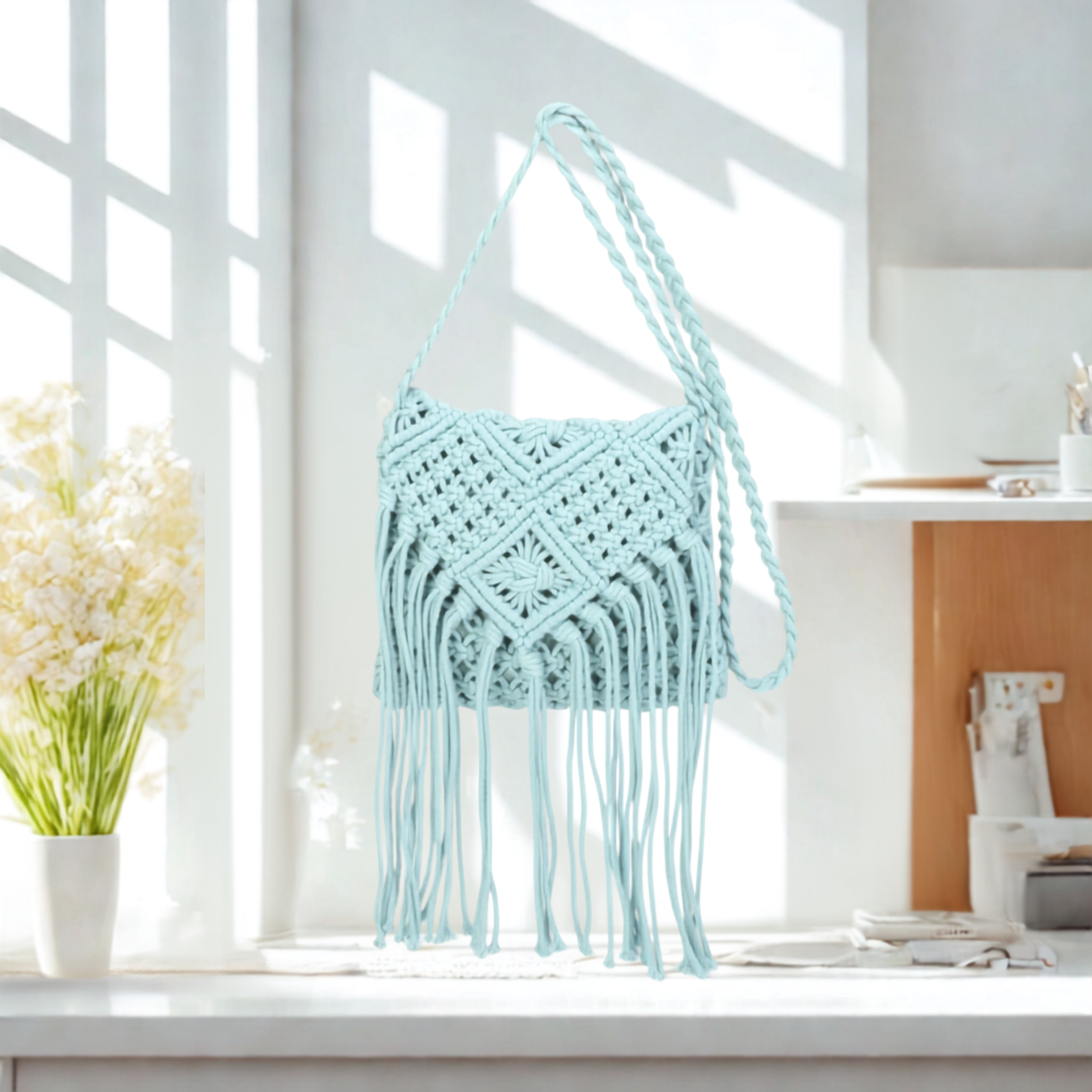 Women’s Knitted Crochet Shoulder Bag – Synthetic Top Zip Flap Crossbody Bag with Long Strap