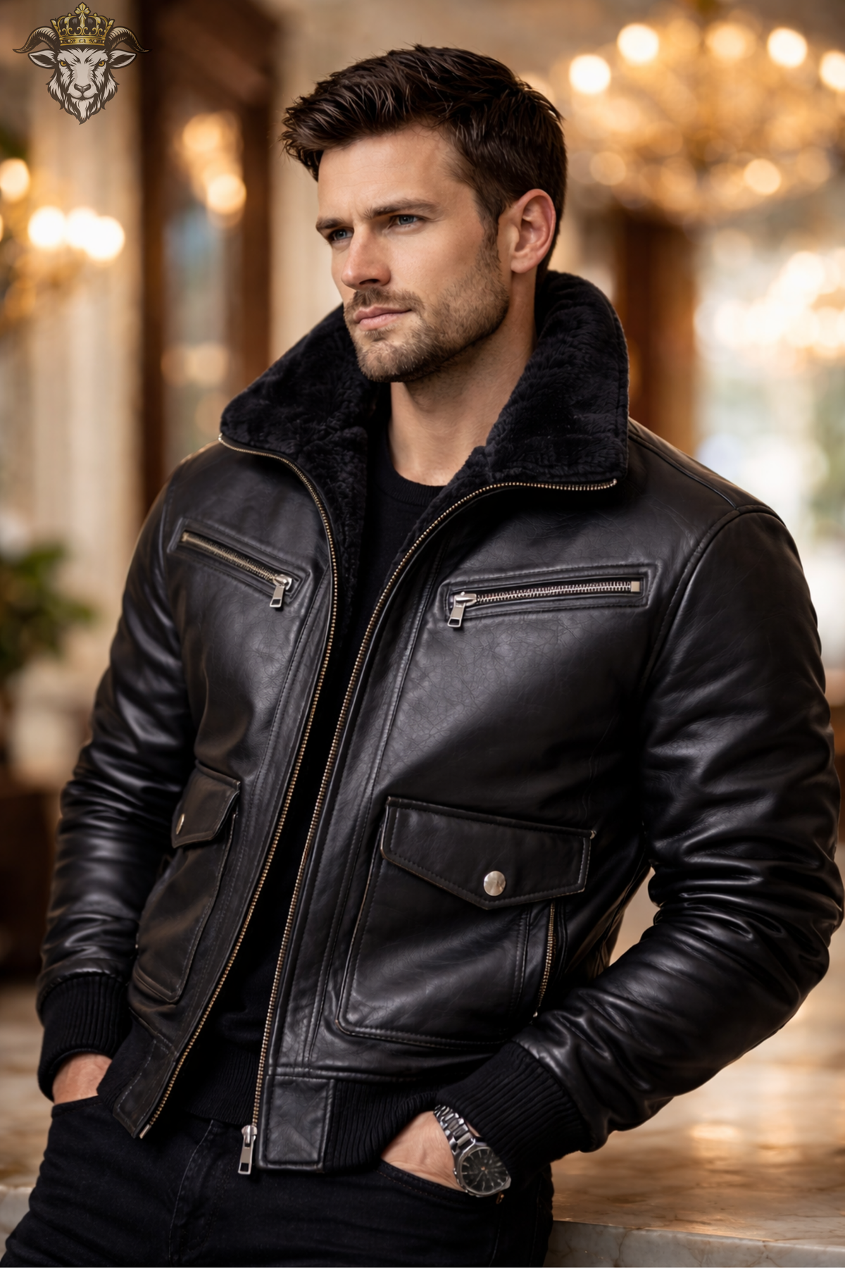 Men’s Black Real Leather Bomber Jacket, Faux Fur Lined Aviator Jacket, Winter Leather Jacket, Classic Mens Outerwear