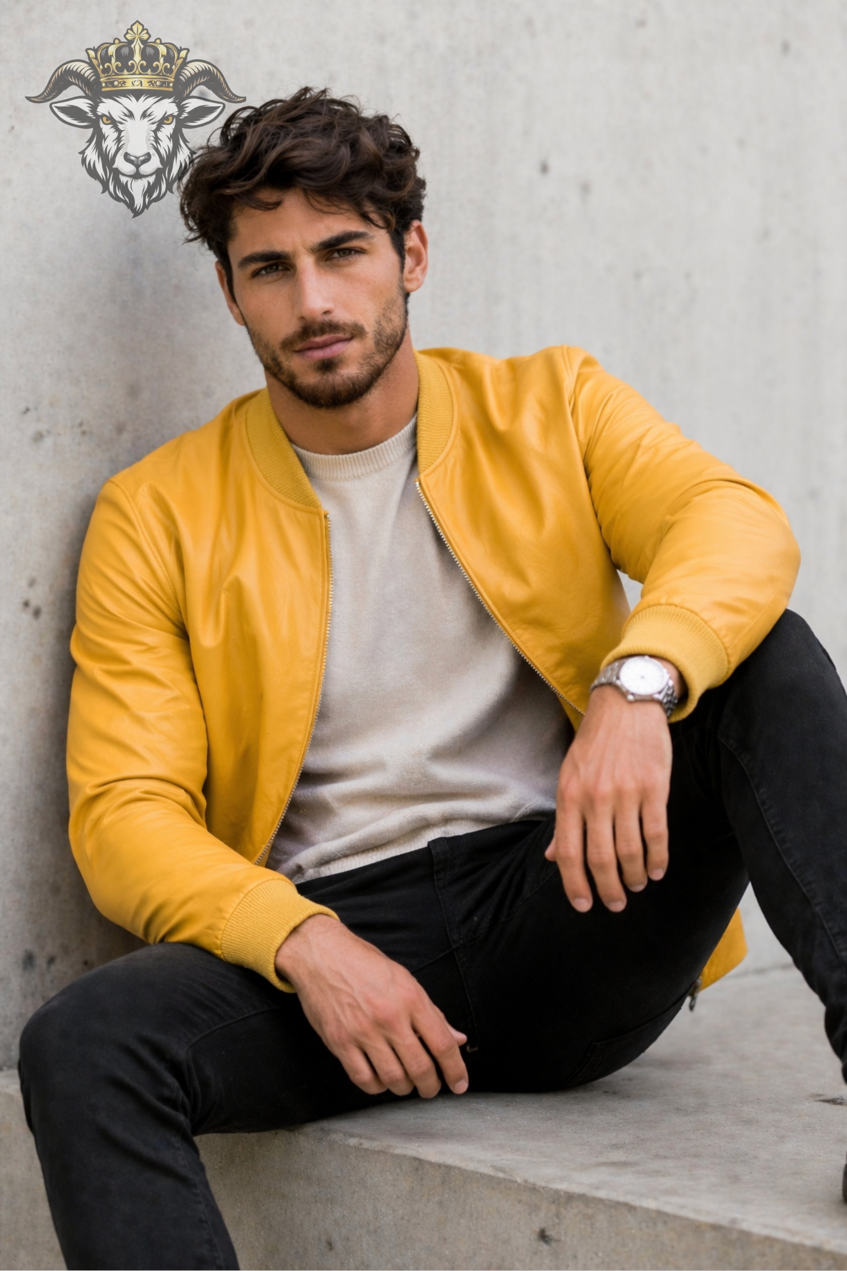 Men’s Yellow Real Leather Bomber Jacket