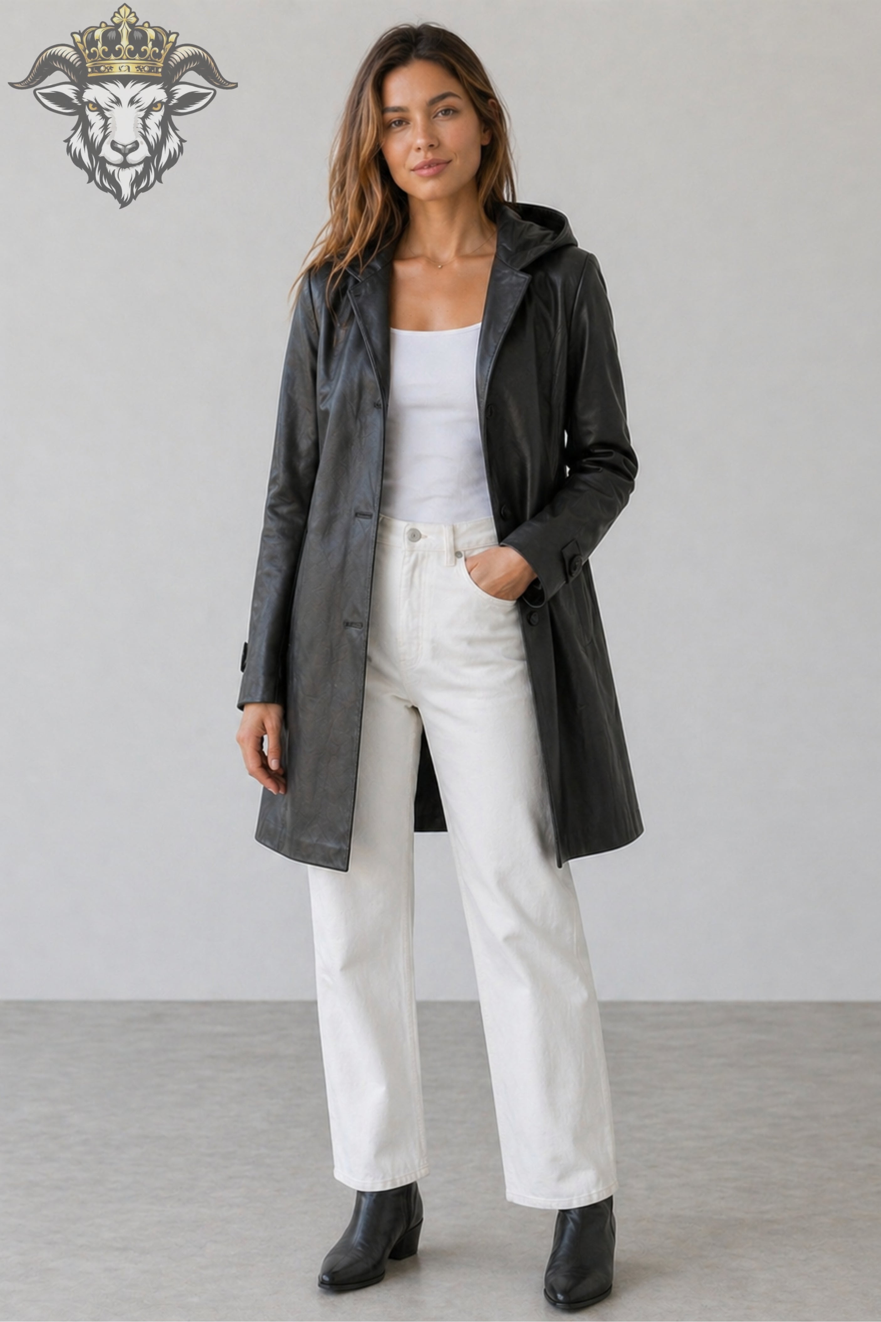 Women’s Charcoal Real Leather Hooded Coat
