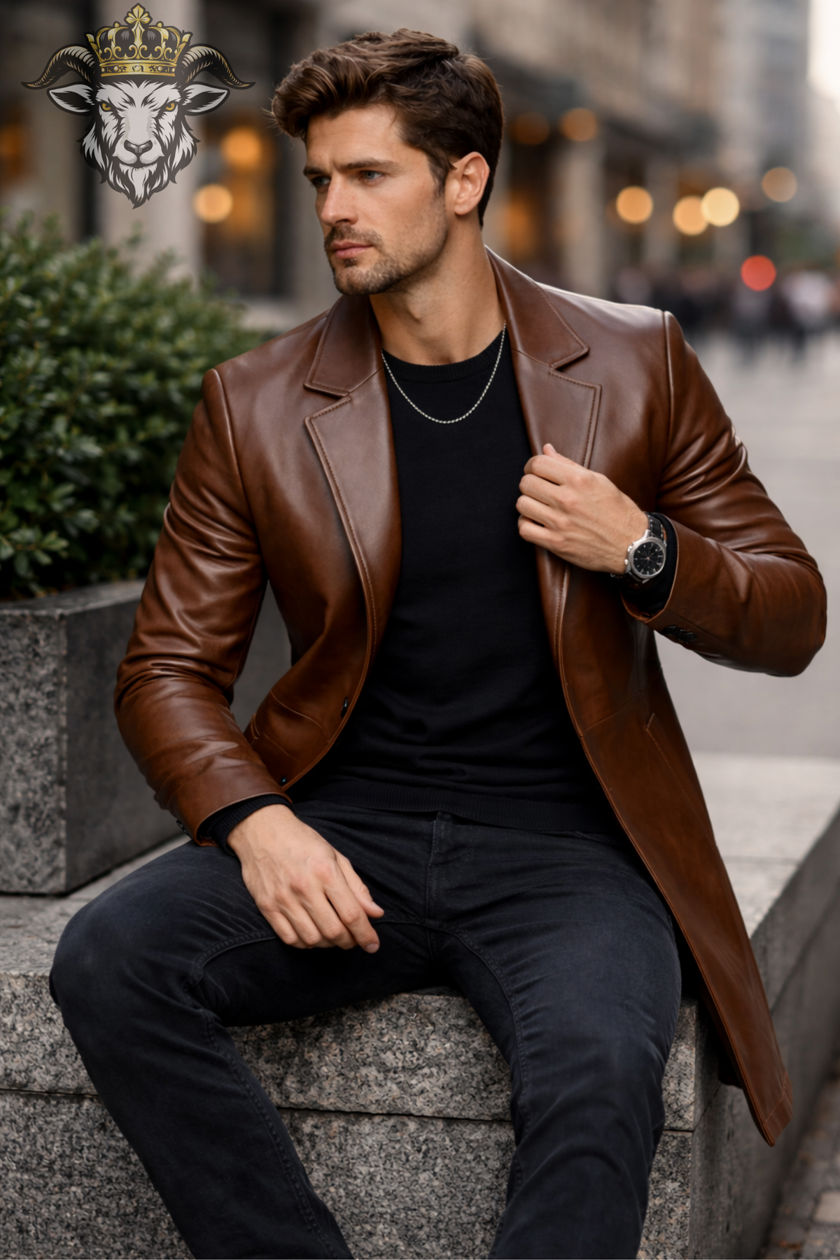 Men's Brown Leather Overcoat, Slim Fit 3 Button Coat, Mid Length Tailored Jacket, Classic Lapel Men's Outerwear