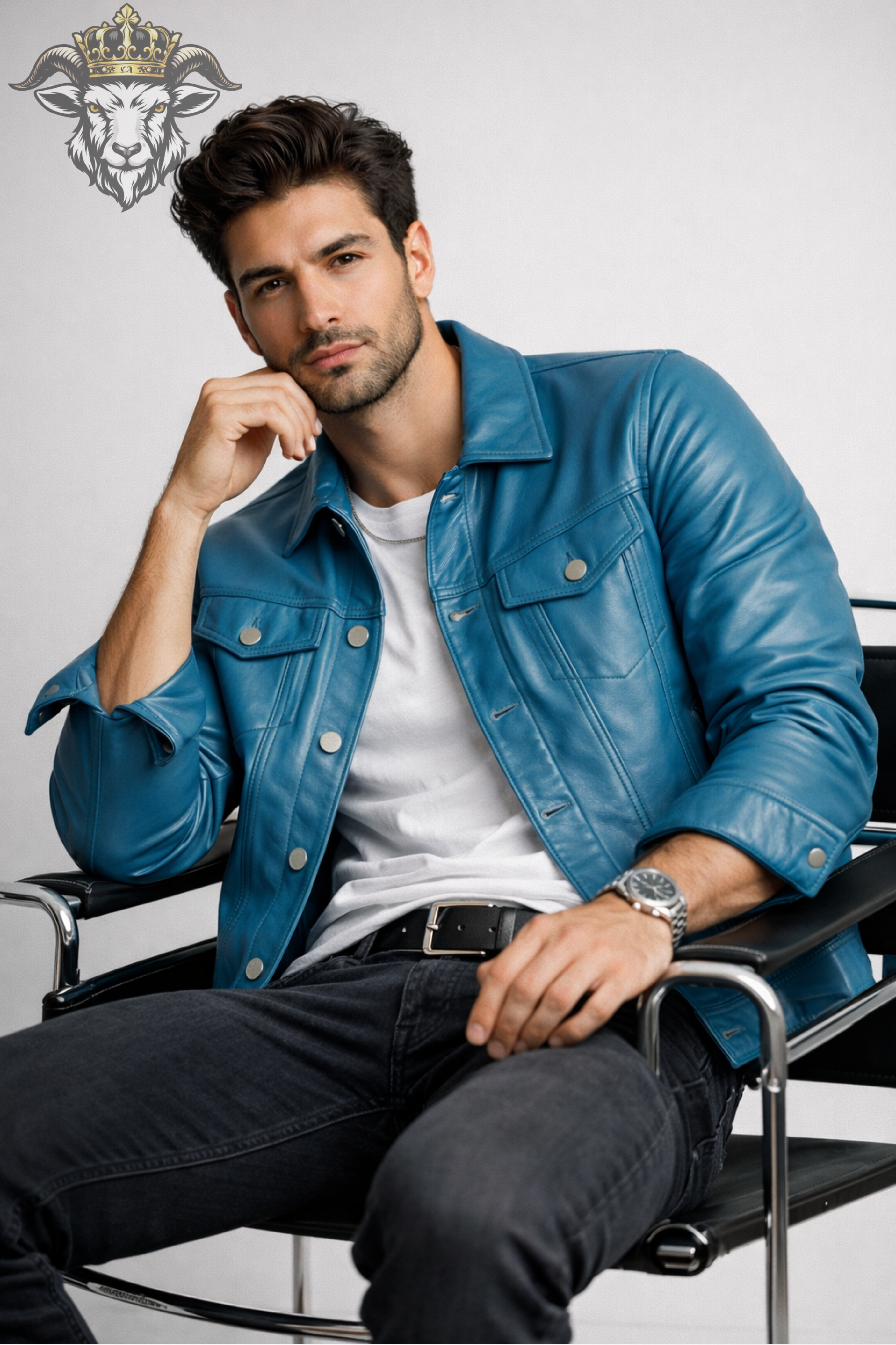 Men’s Cyan Real Leather Trucker Jacket