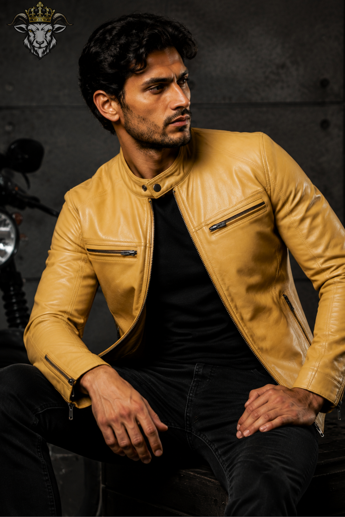 Men's Yellow Real Leather Biker Jacket, Slim Fit Motorcycle Jacket, Stand Collar Moto Jacket, Men's Yellow Leather Coat