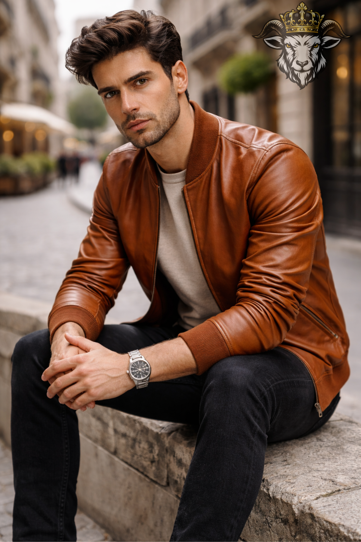 Men's Burnt Orange Real Leather Bomber Jacket, Vintage Inspired Zip Jacket, Ribbed Collar Streetwear Coat, Casual Fall Outerwear