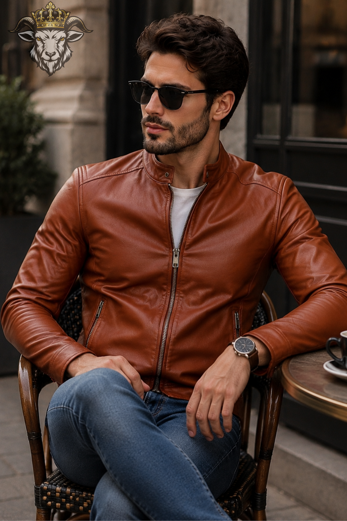Men's Cognac Brown Leather Jacket – Slim Fit Biker Jacket, Stand Collar Moto Jacket, Casual Men's Leather Coat