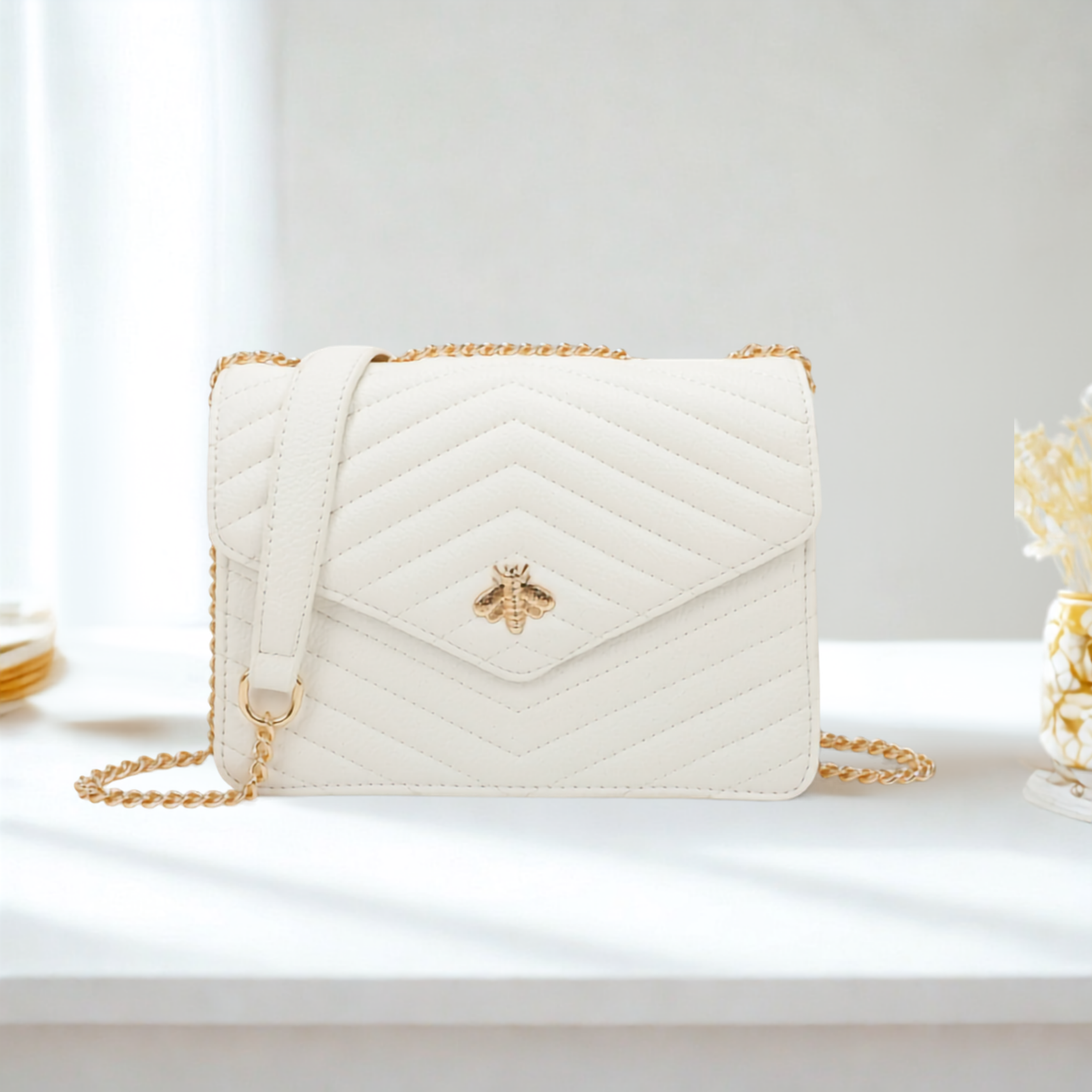 Women’s Quilted Crossbody Bag with Gold Bee Detail – Flap Over Shoulder Handbag with Half Chain Strap