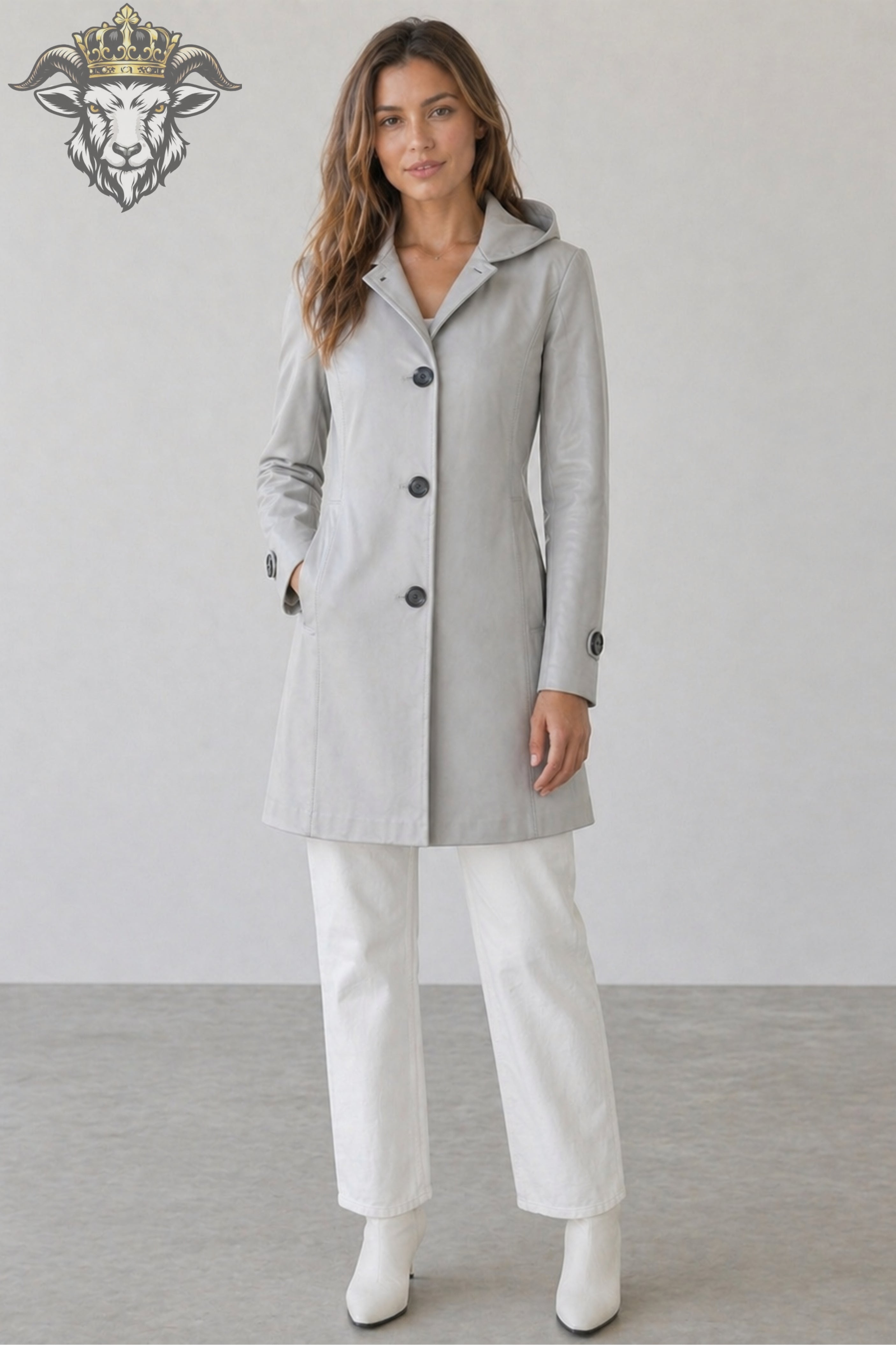 Women’s Light Grey Real Leather Hooded Coat