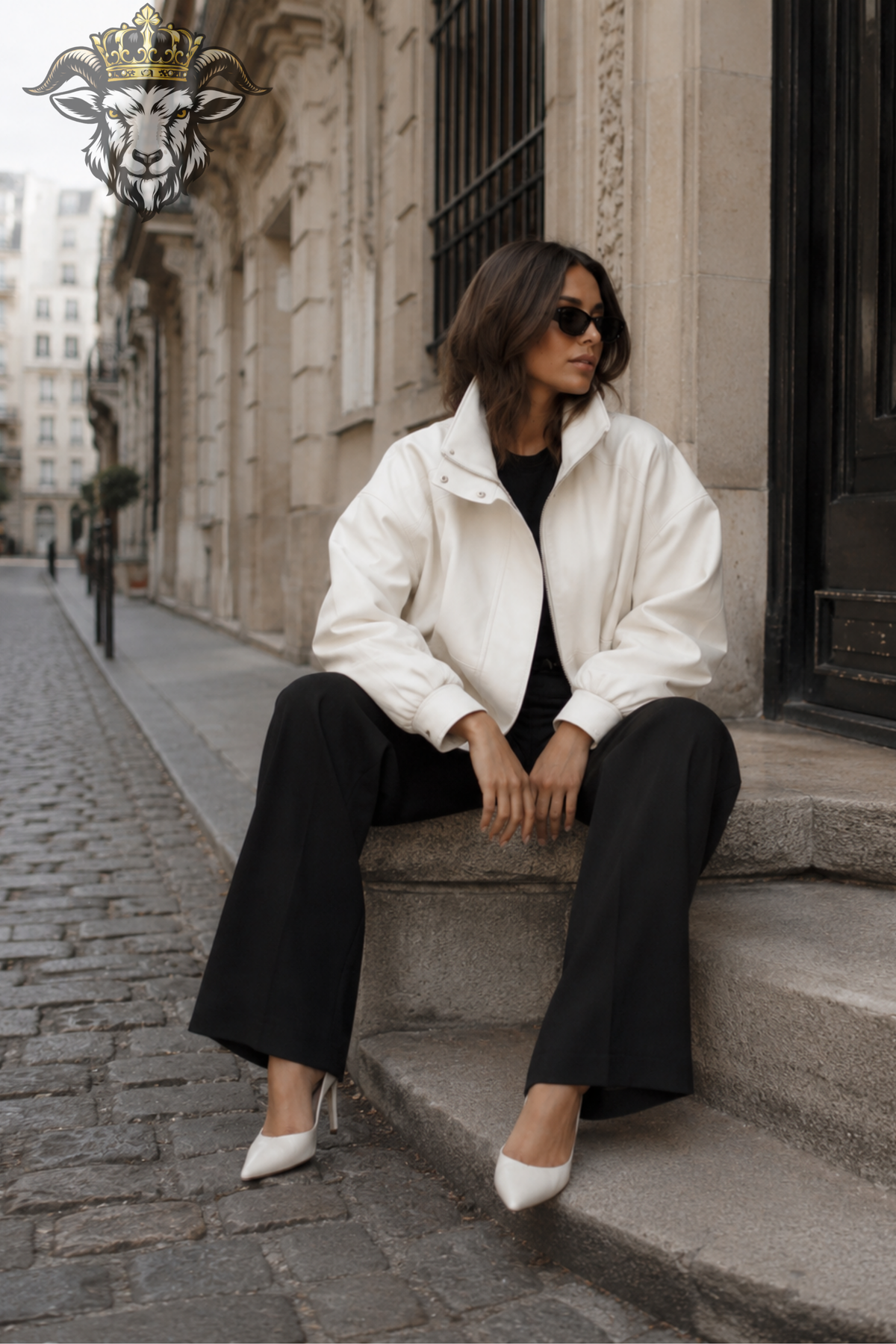 Women's White Oversized Bomber Jacket, Relaxed Fit Zip Up Outerwear, Structured Collar Streetwear Jacket, Minimalist Fashion Coat