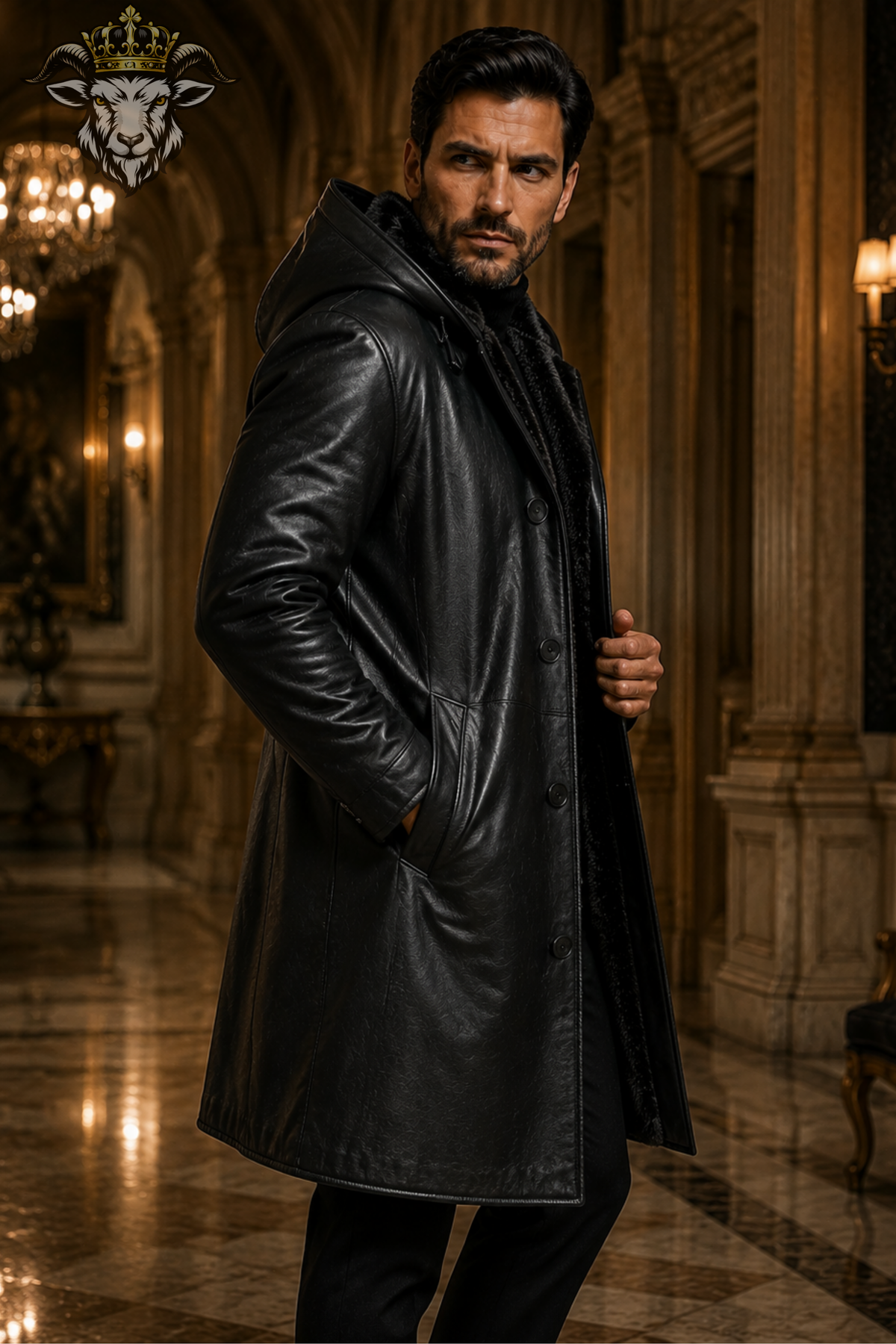 Men Black Genuine Leather Hooded Long Coat, Real Leather Trench Coat, Fur Lined Winter Jacket, Luxury Gothic Overcoat, Stylish Mens Outerwear