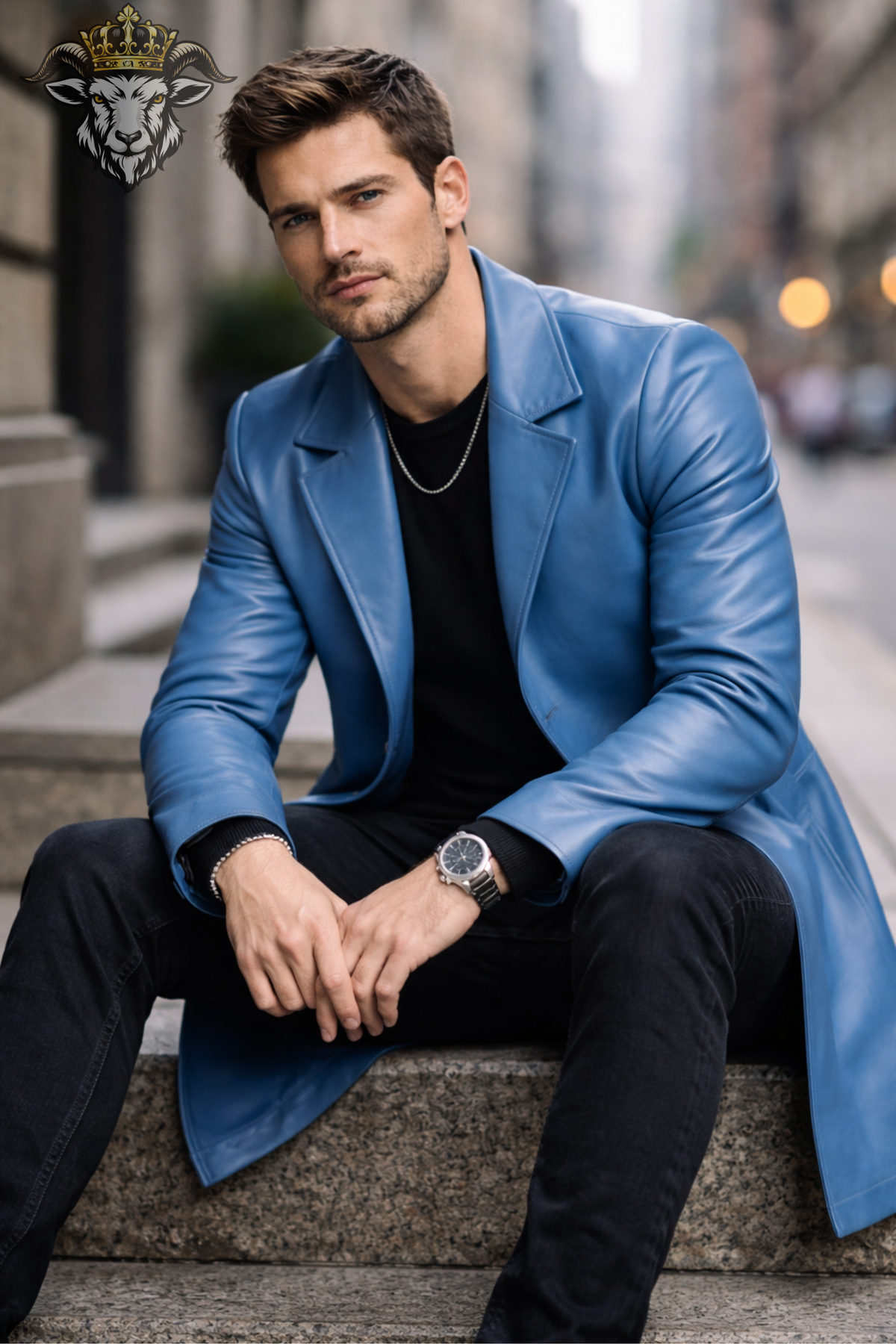 Men's Sky Blue Leather Overcoat, Slim Fit Long Coat, Notch Lapel Jacket, Three Button Front, Modern Designer Style Outerwear