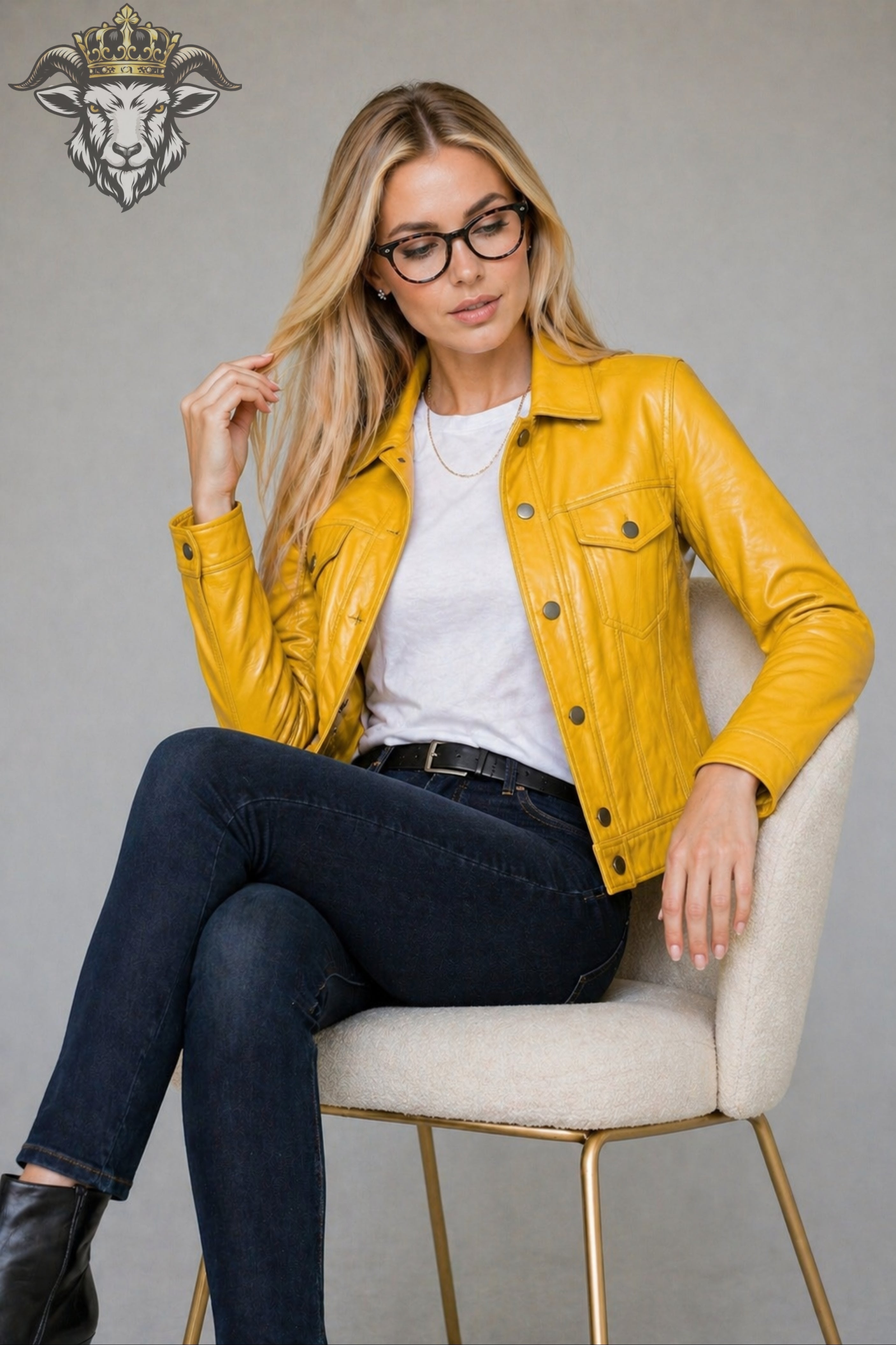 Women’s Yellow Real Leather Trucker Jacket