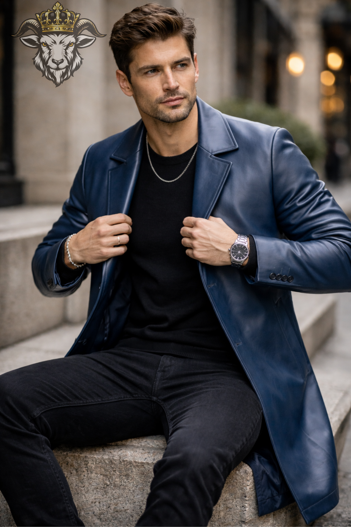 Men's Navy Blue Leather Overcoat, Long Slim Fit Coat, Classic Notch Lapel Jacket, Three Button Front, Refined Men's Outerwear