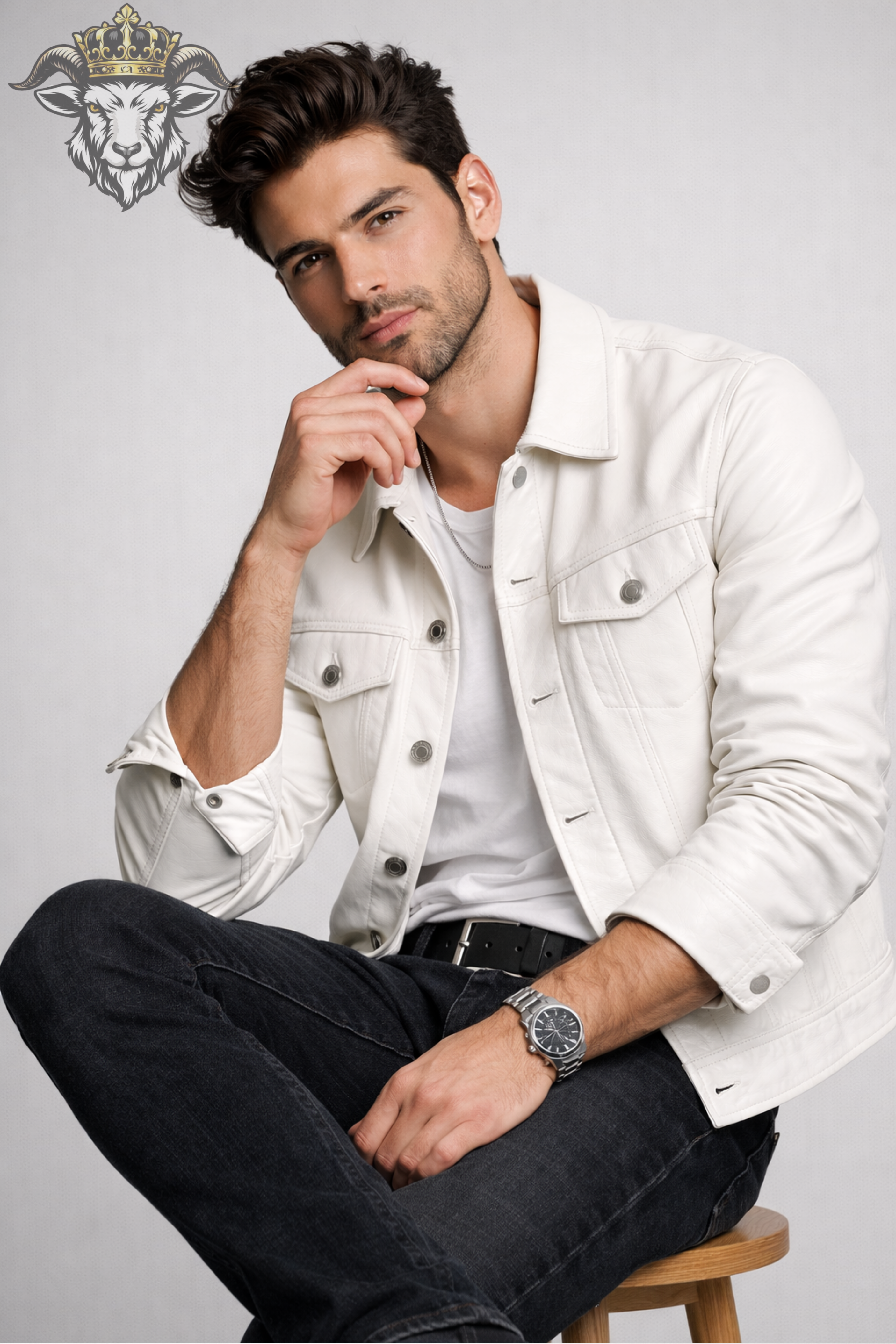 Men’s White Real Leather Trucker Jacket