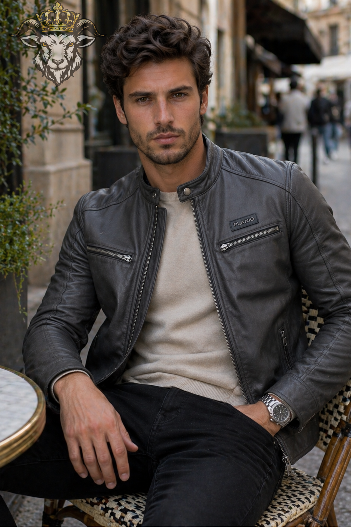Men's Dark Gray Real Leather Biker Jacket, Slim Fit Cafe Racer Motorcycle Jacket, Vintage Moto Jacket, PLANIO Leather Outerwear