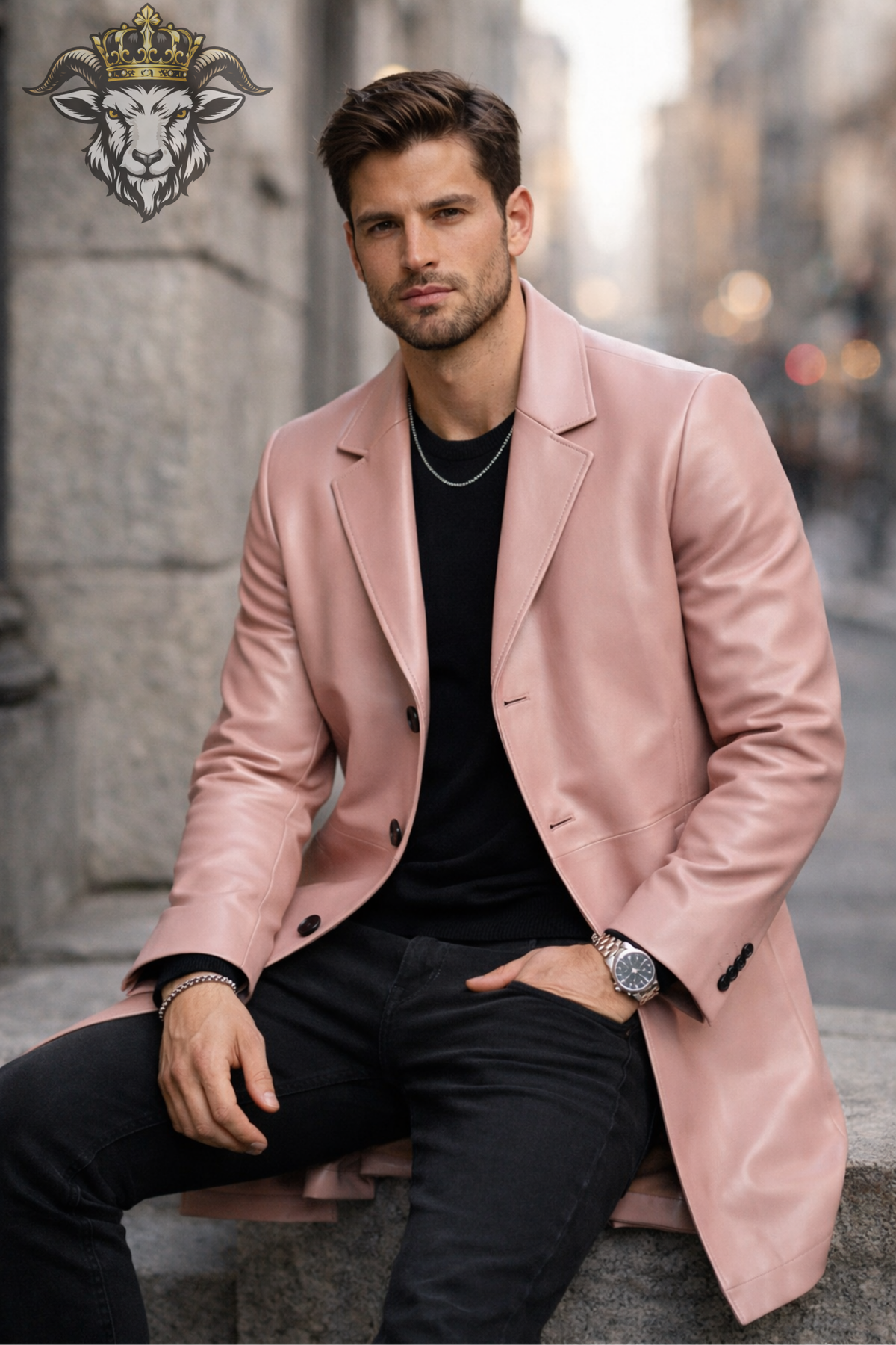 Men's Pink Leather Overcoat, Tailored Long Coat, 3 Button Lapel Jacket, Modern Slim Fit Statement Outerwear