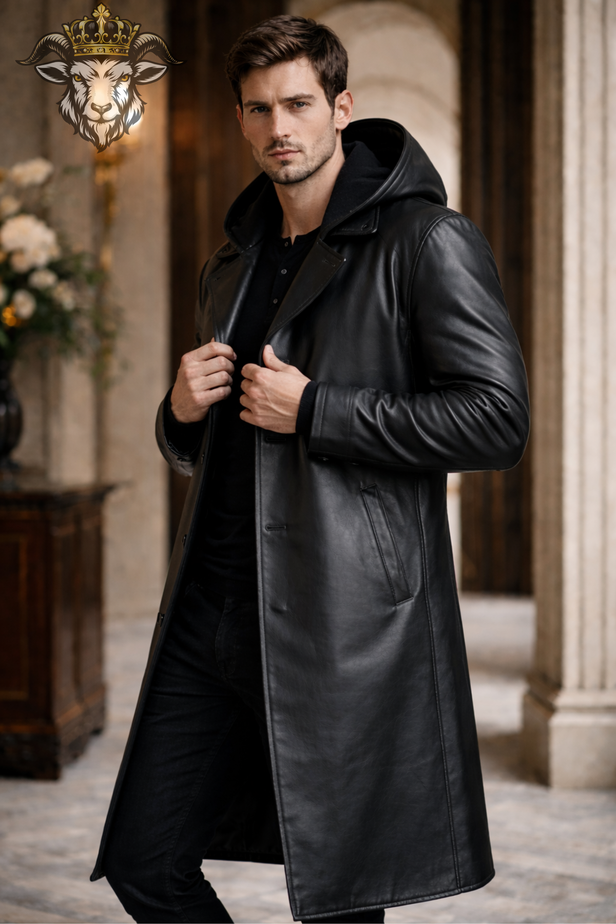 Men's Black Real Leather Hooded Long Coat, Below Knee Leather Trench Coat, Button Closure Winter Overcoat, Gothic Luxury Mens Outerwear