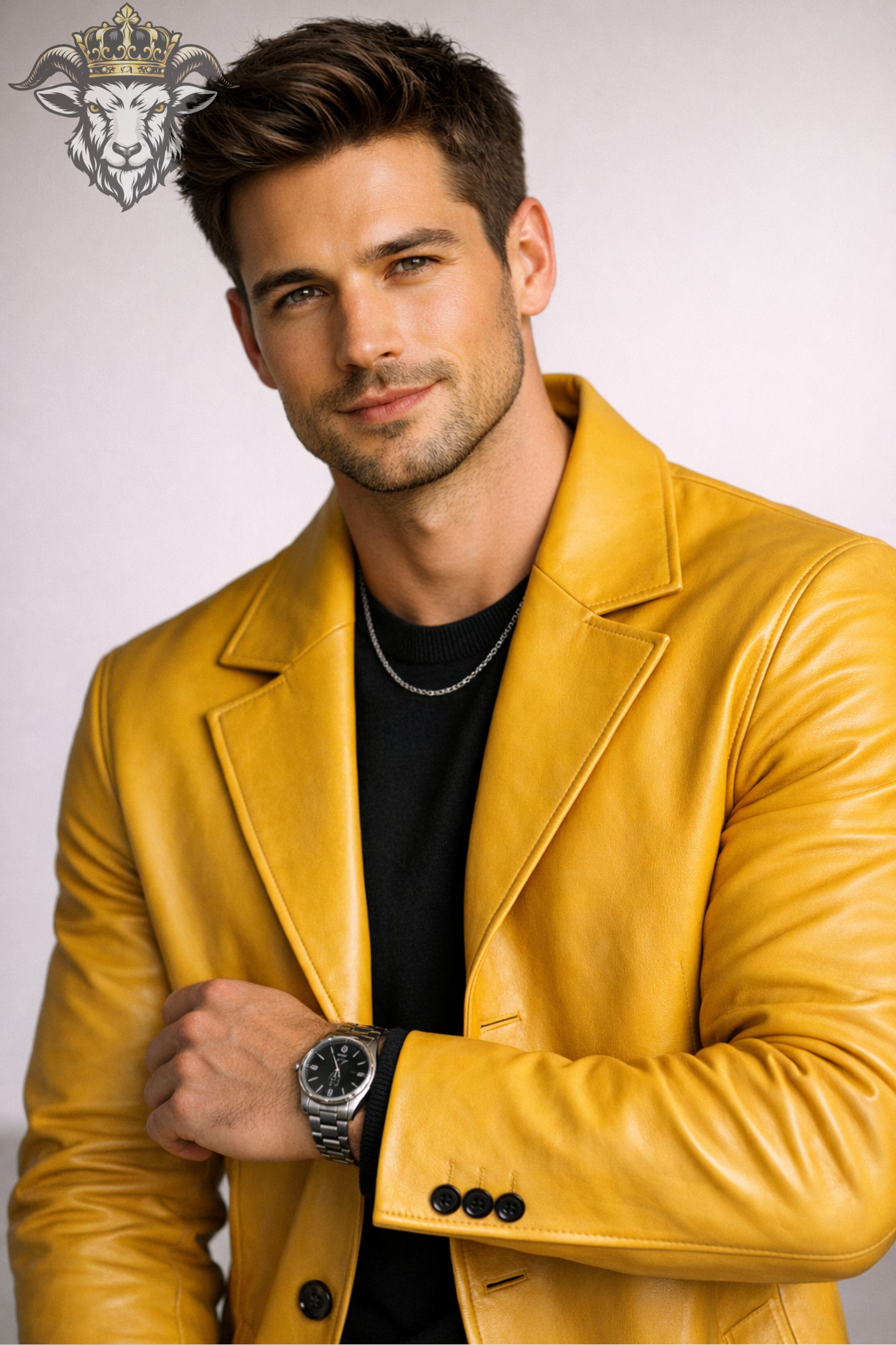 Men’s Yellow Real Leather Coat – Mid Thigh Premium Tailored Leather Jacket with Wide Lapels & Modern Fit