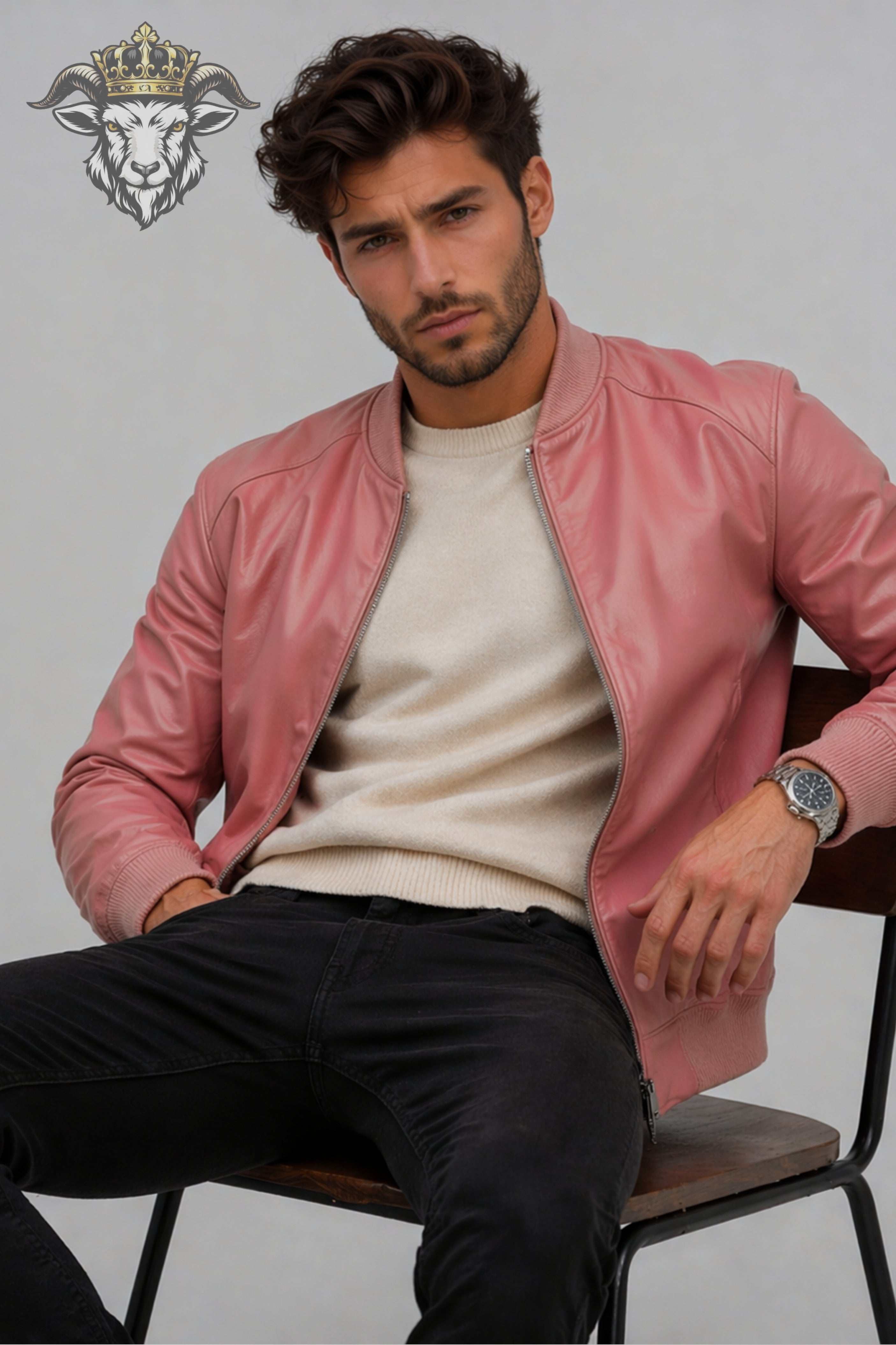 Men’s Pink Real Leather Bomber Jacket