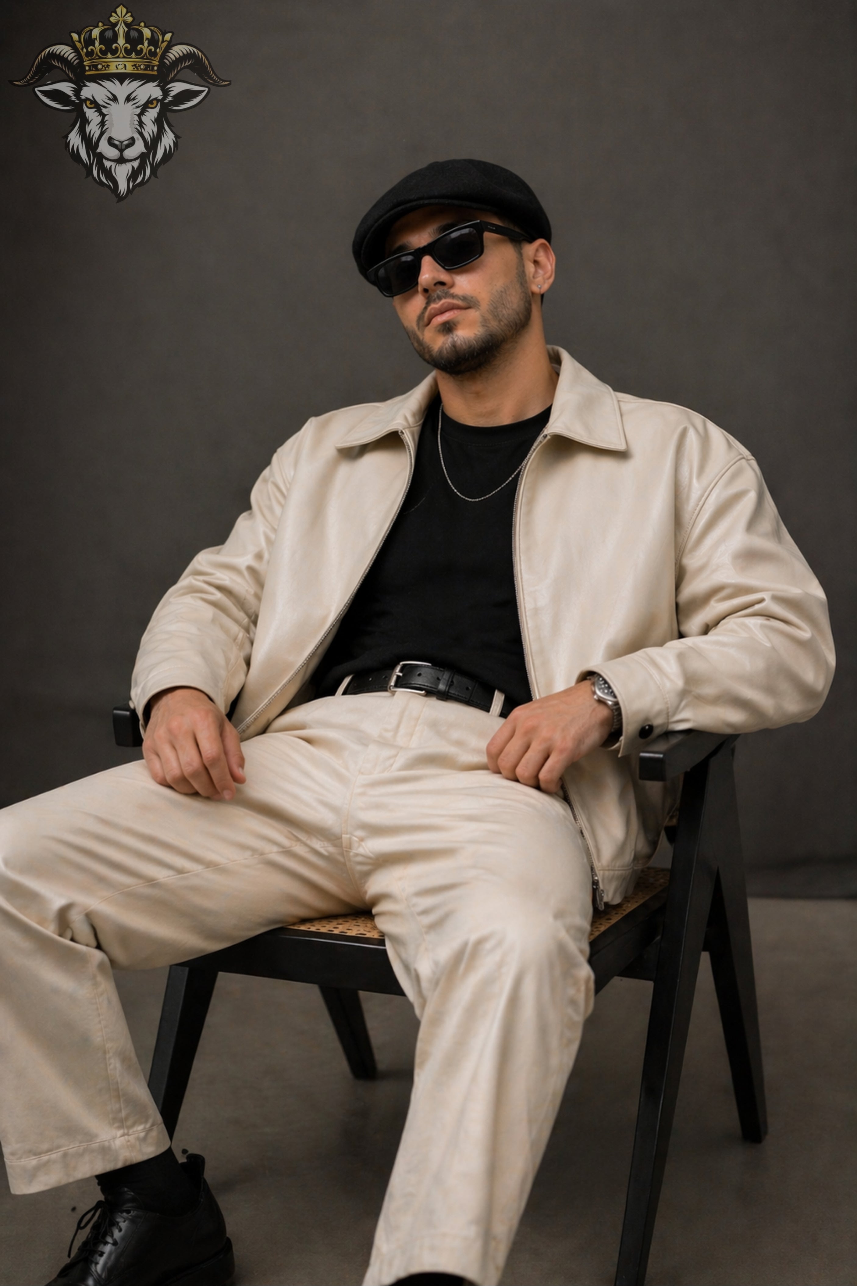 Cream Oversize Real Leather Bomber Jacket for Men