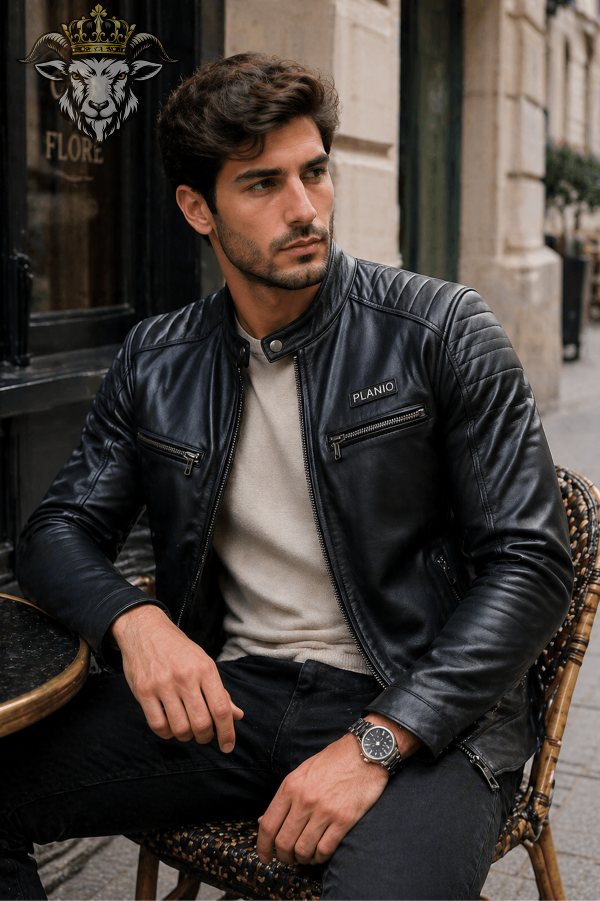 Men's Black Leather Moto Jacket – Slim Fit Biker Jacket with Quilted Shoulders & Zipper Pockets