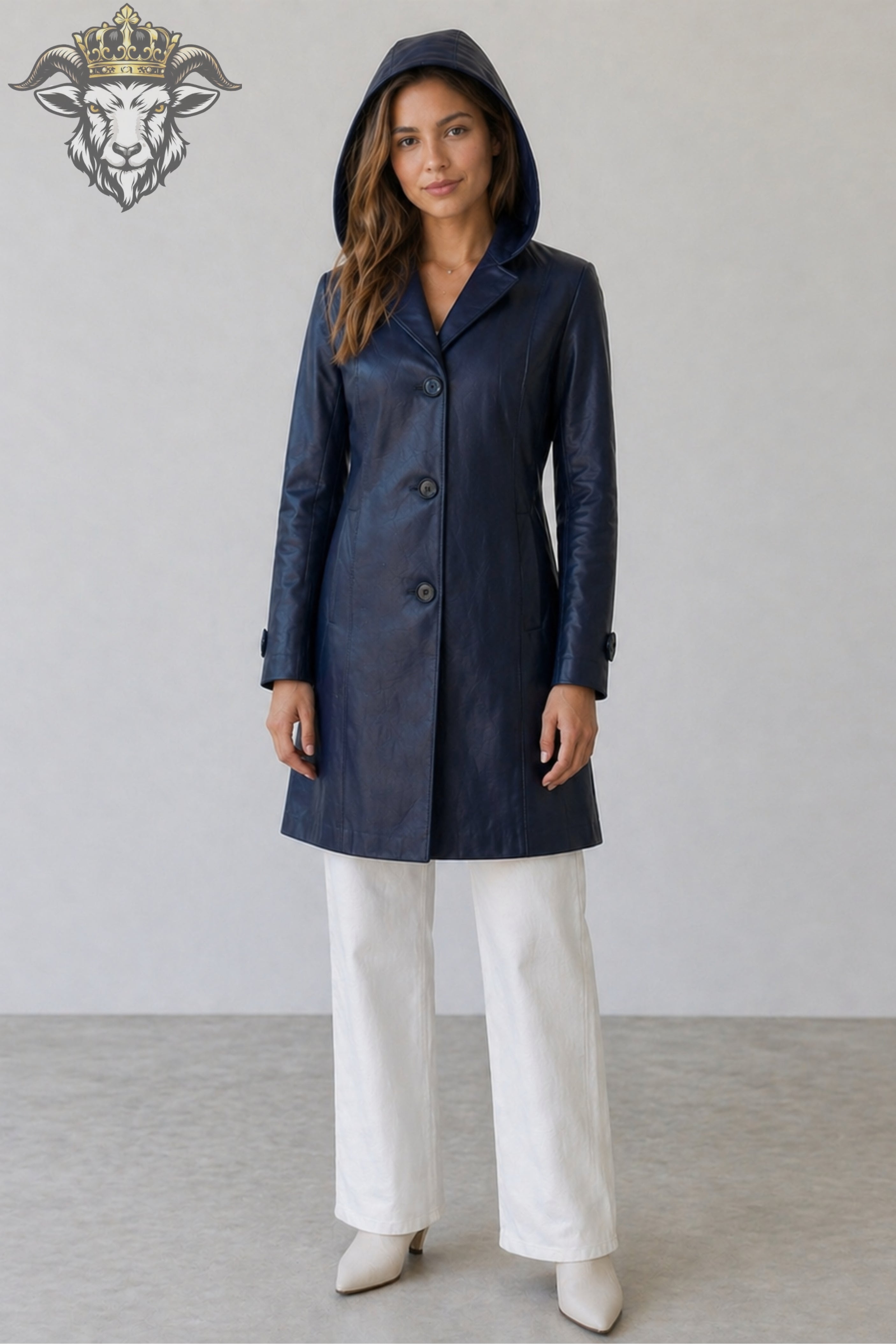 Women’s Navy Blue Real Leather Hooded Coat