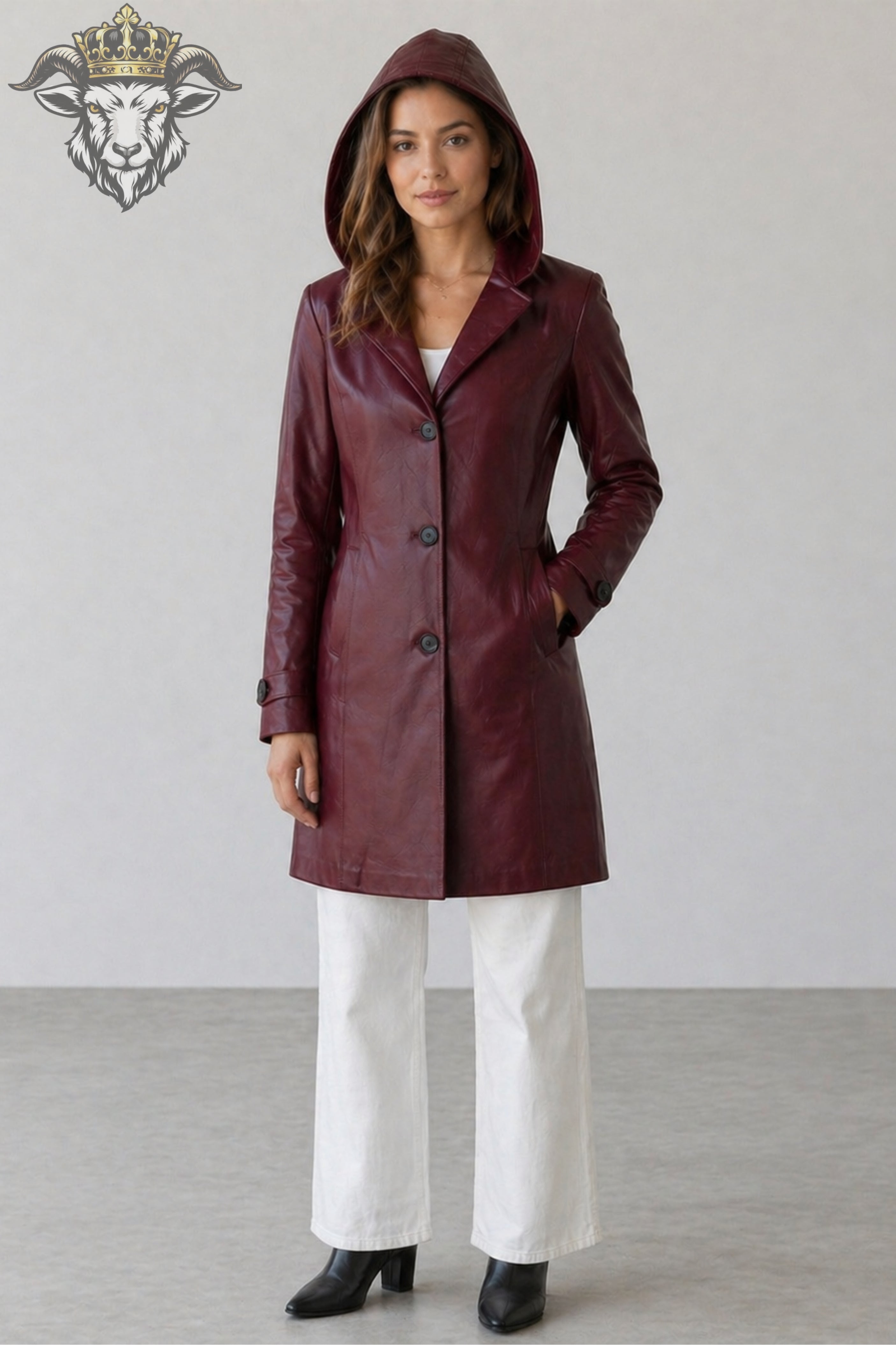 Women’s Burgundy Real Leather Hooded Coat
