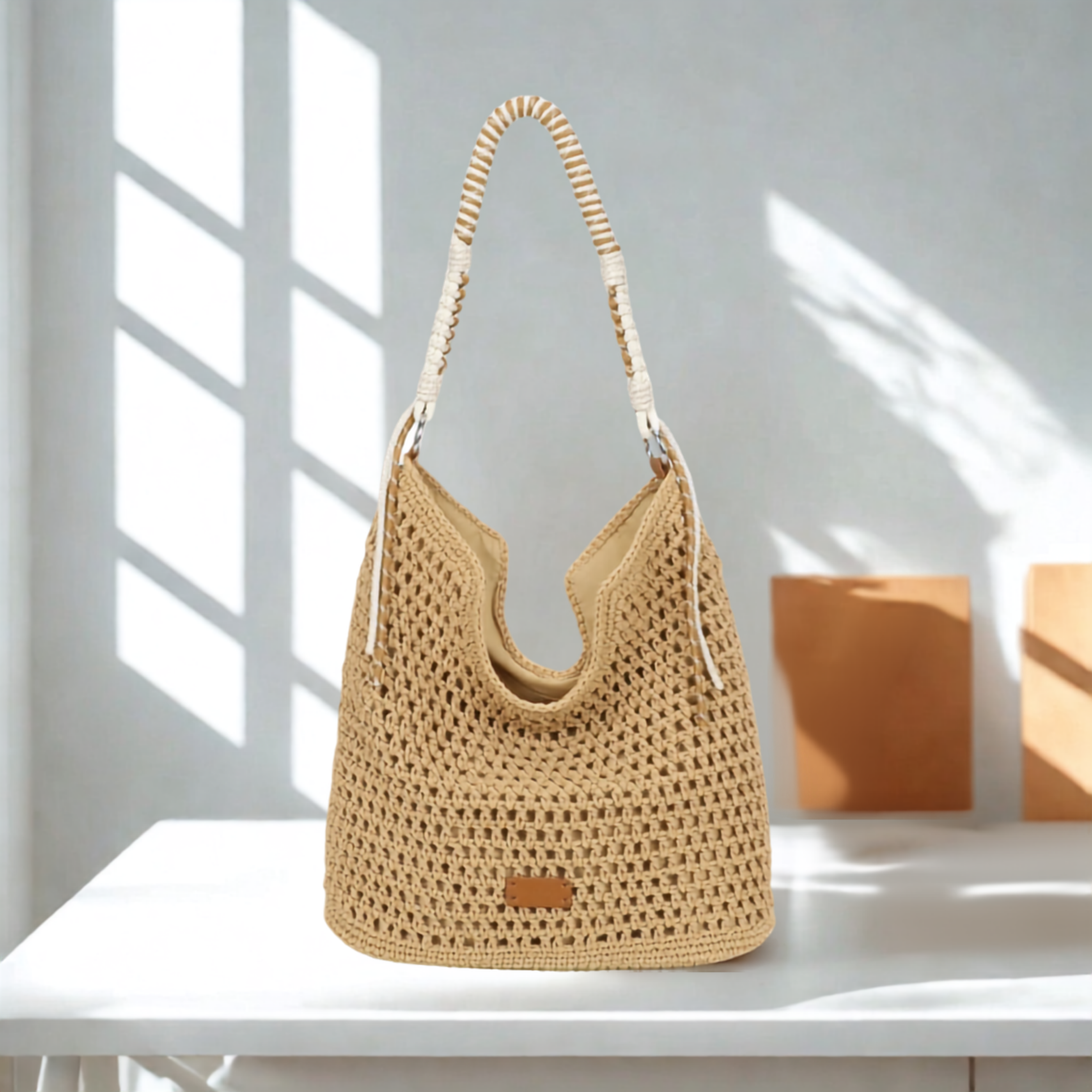 Women’s Crochet Hobo Shoulder Bag Synthetic Handmade Braided Strap Zip Handbag